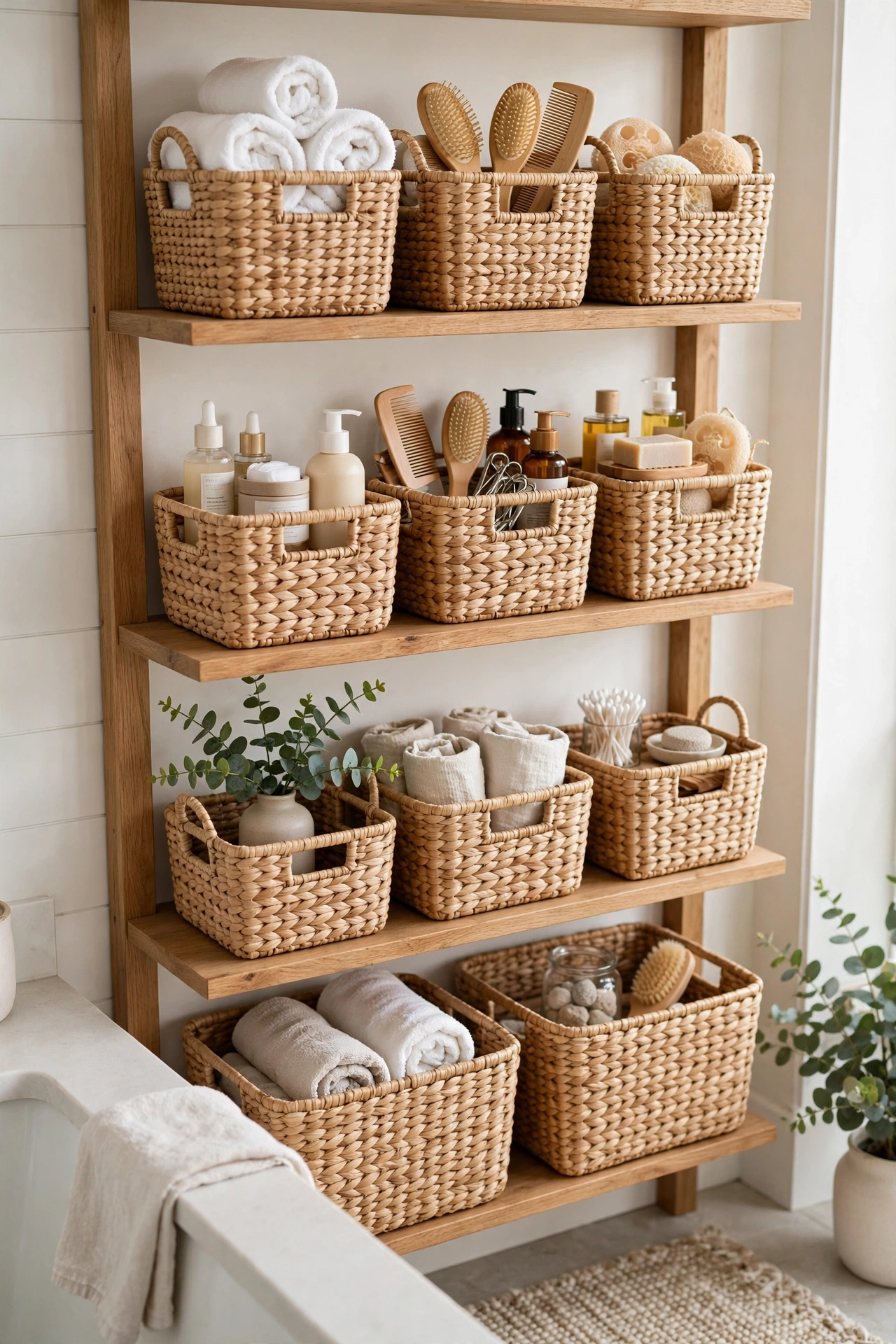 Bathroom open shelves with matching woven baskets and labeled bins organizing toiletries by category