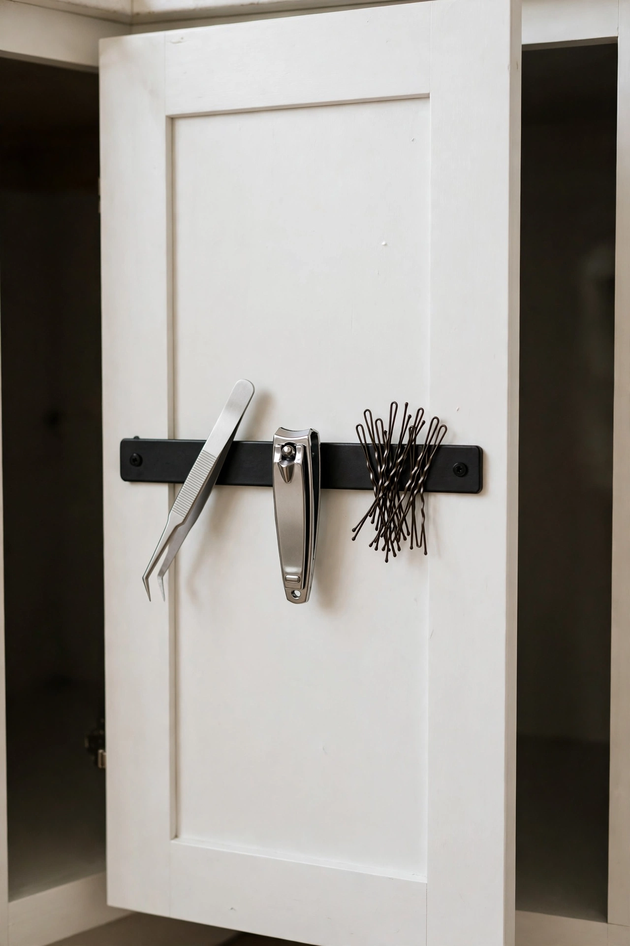 Inside of a bathroom vanity cabinet door with a magnetic strip holding tweezers, nail clippers and bobby pins