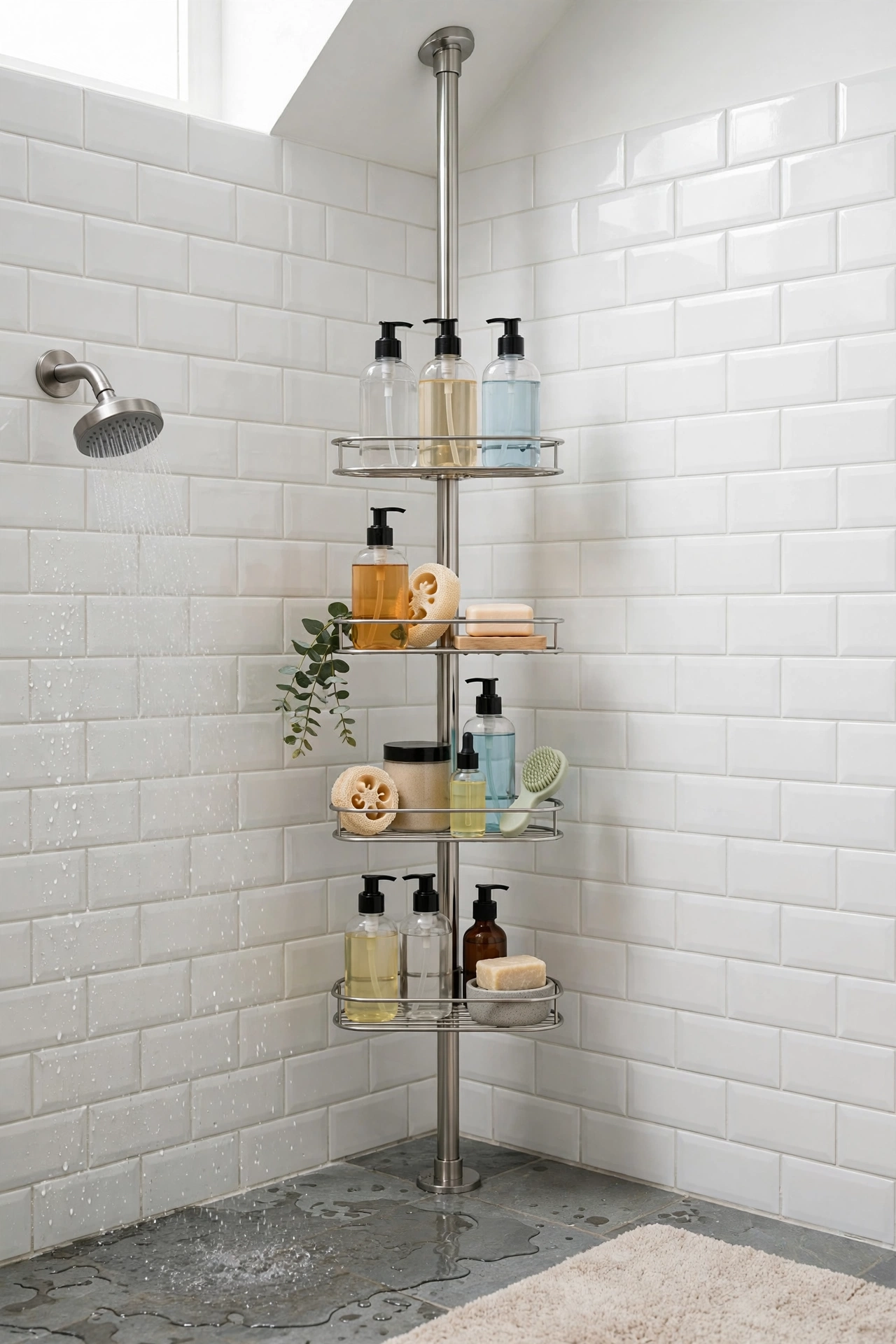 Tension-pole corner shower caddy stretching floor to ceiling with organized shelves of bottles