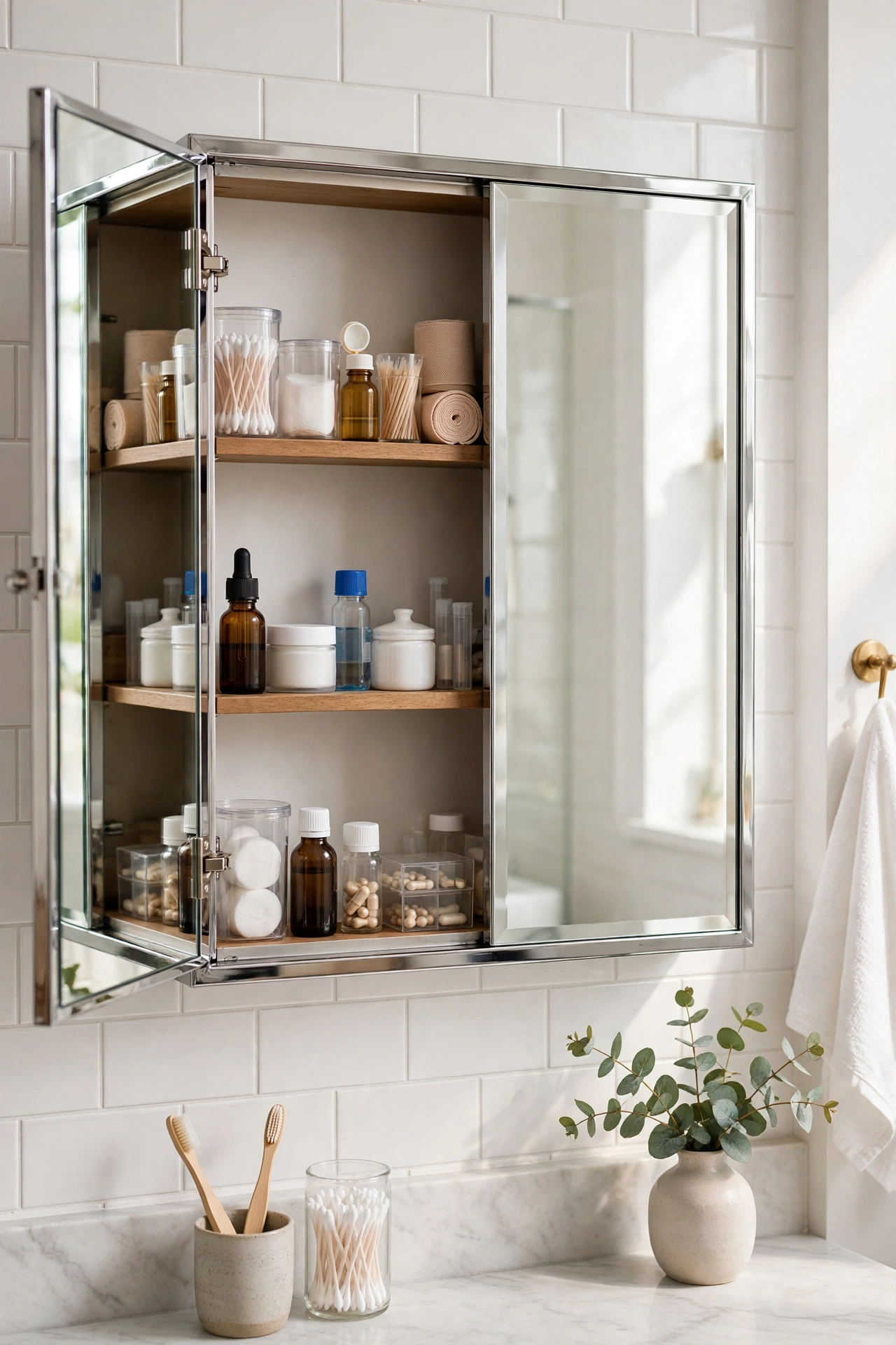 Mirrored medicine cabinet with one door open revealing hidden shelves of organized toiletries