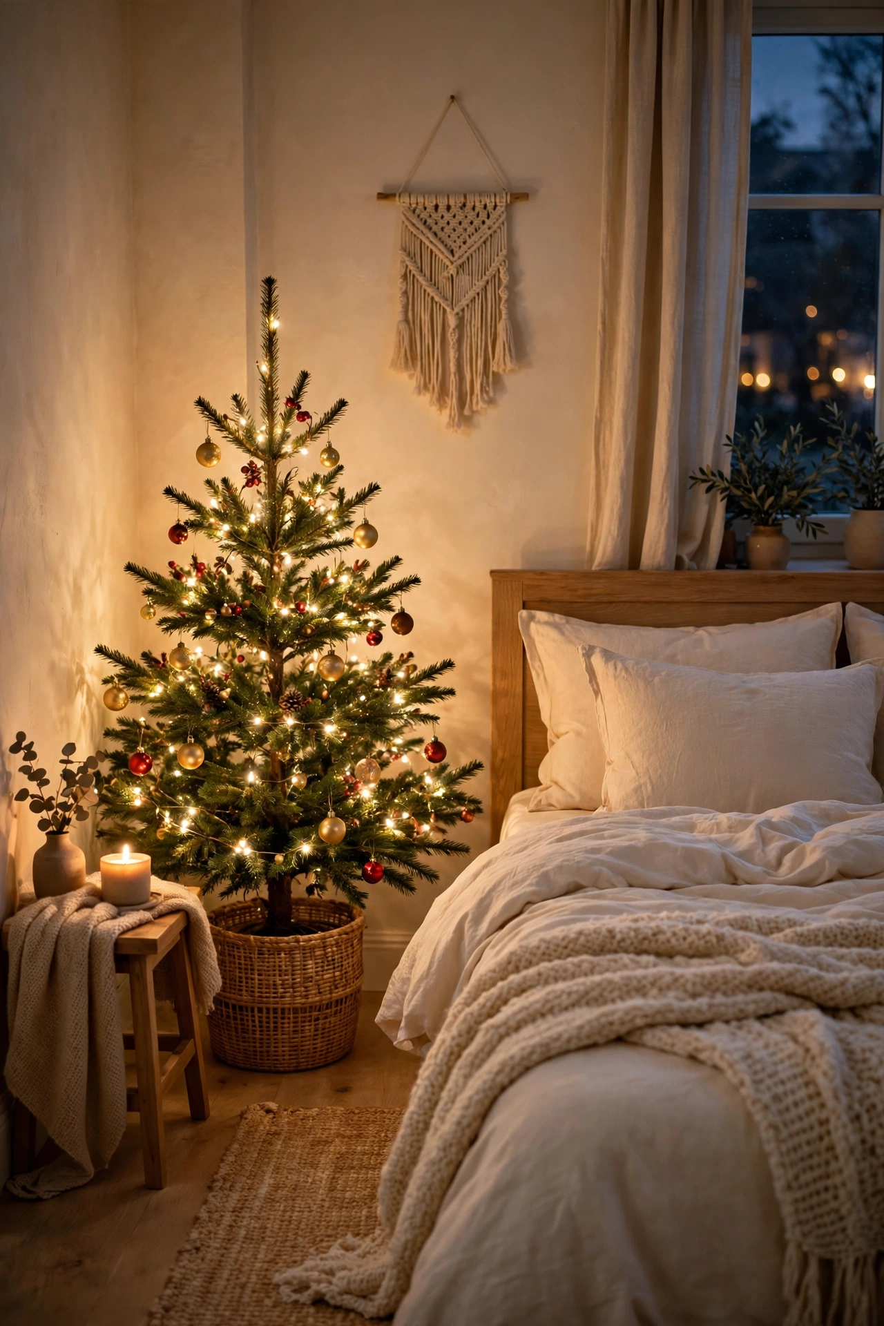 Small Christmas tree in the corner of a cozy bedroom with warm-white lights and small gold and red ornaments beside a bed