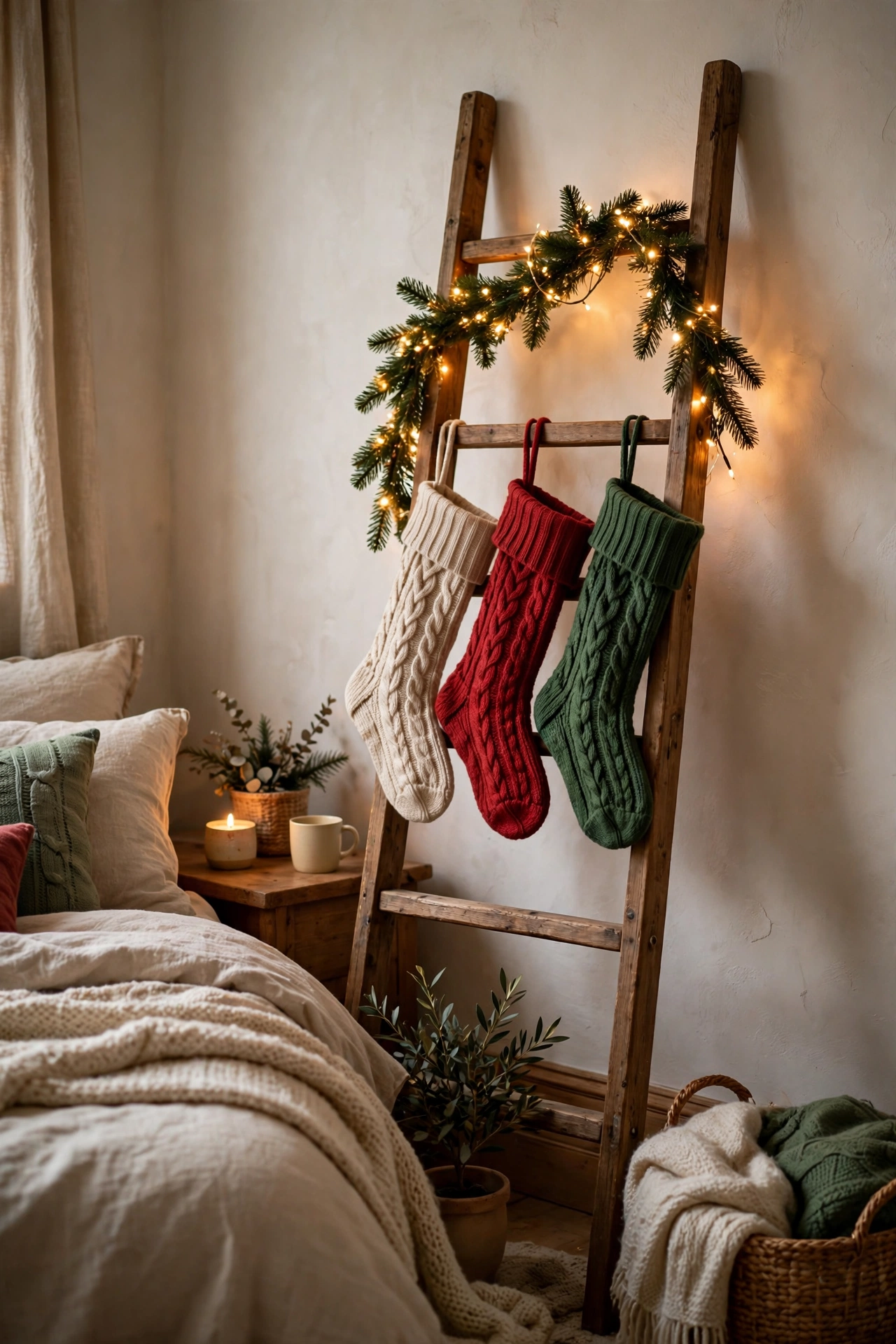 Christmas stockings in cream, red and green hung in a row from a wooden leaning ladder beside a bed