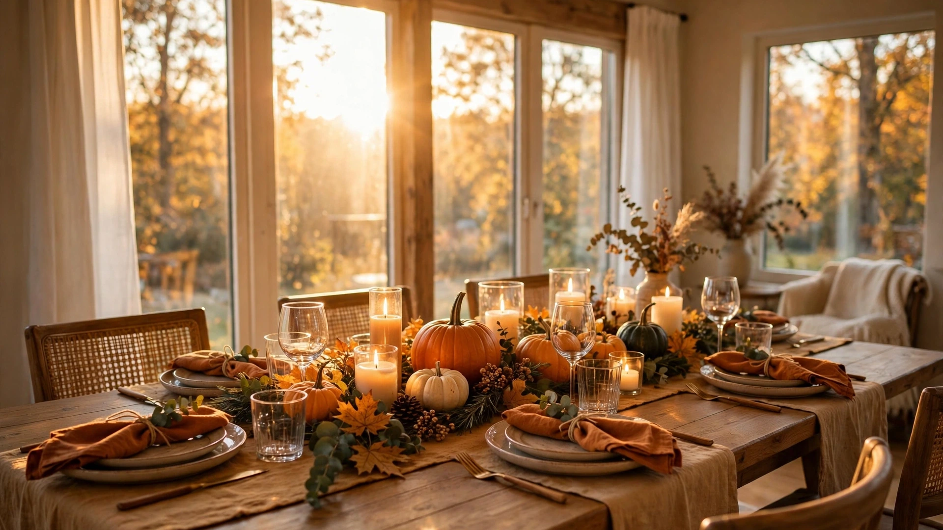 Beautiful Thanksgiving home with warm harvest decor, glowing candles and pumpkin accents