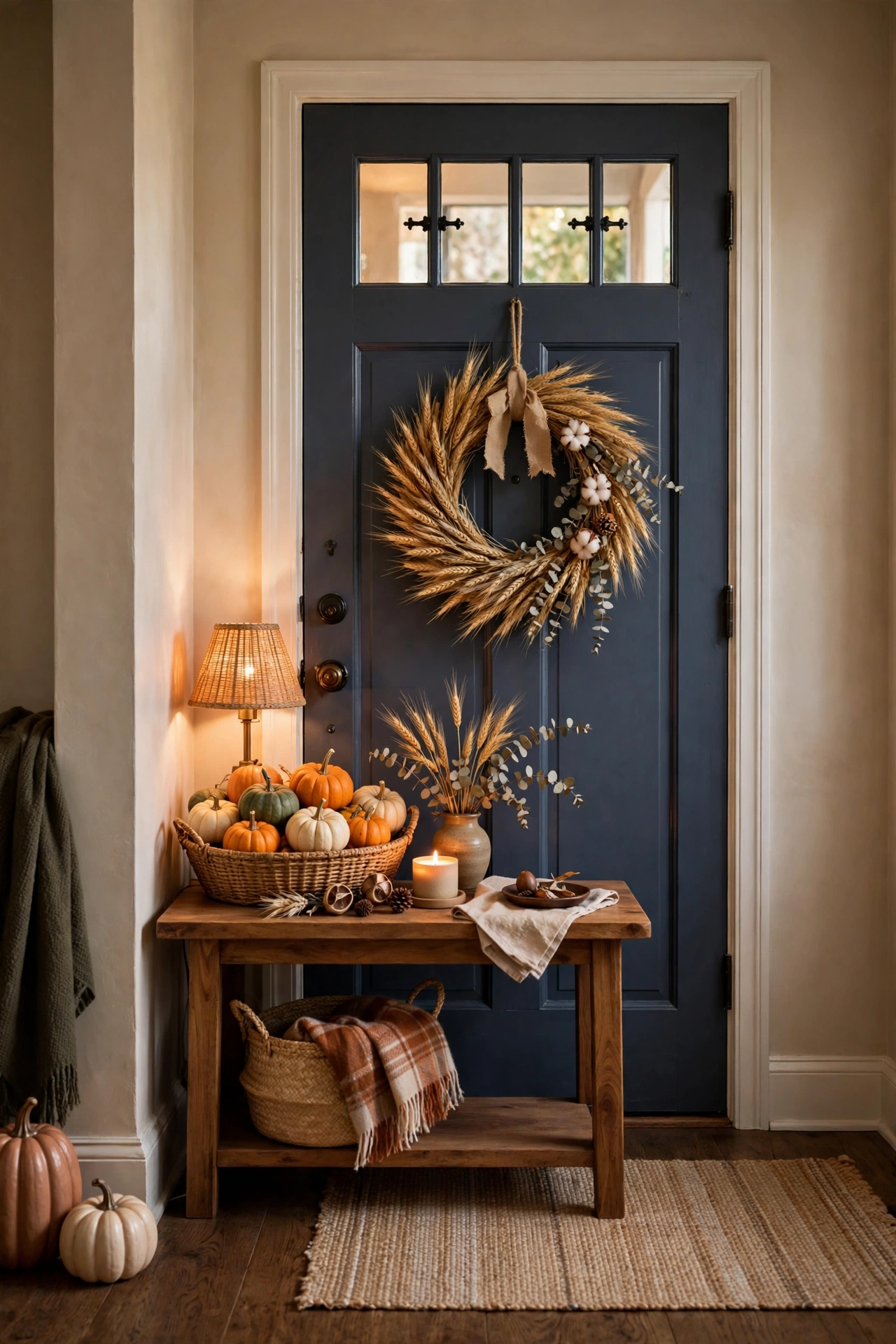 Cozy entryway with harvest decor, basket of mini pumpkins, wheat wreath on door