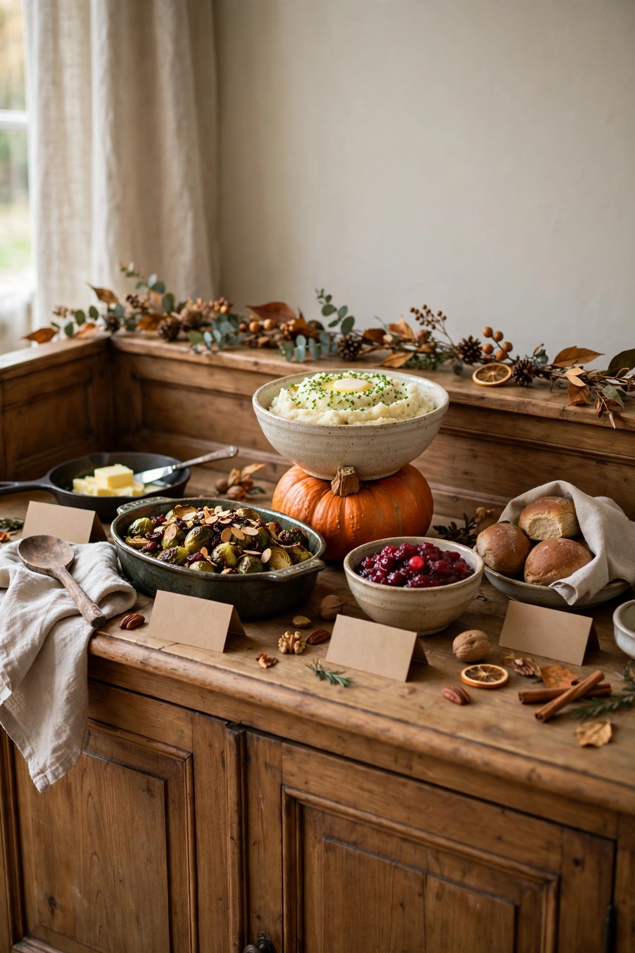 Thanksgiving buffet table with styled serving dishes, pumpkin riser and garland