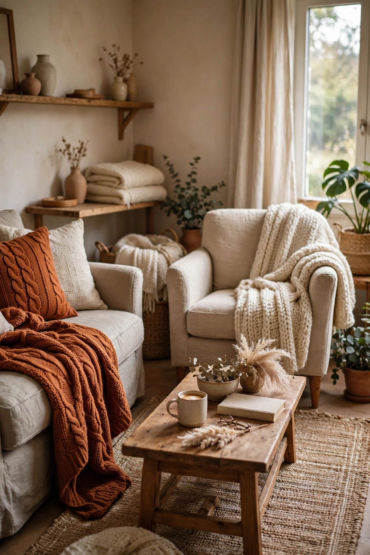 Living room with chunky knit throw blankets in rust and cream on sofa