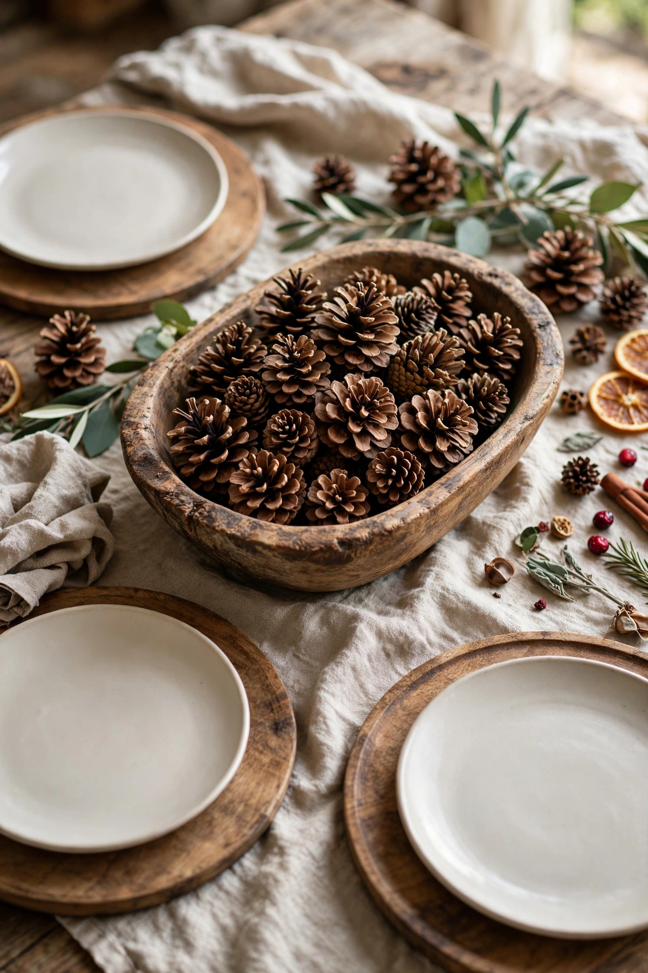 Thanksgiving table with wooden chargers, dough bowl of pinecones, rustic details