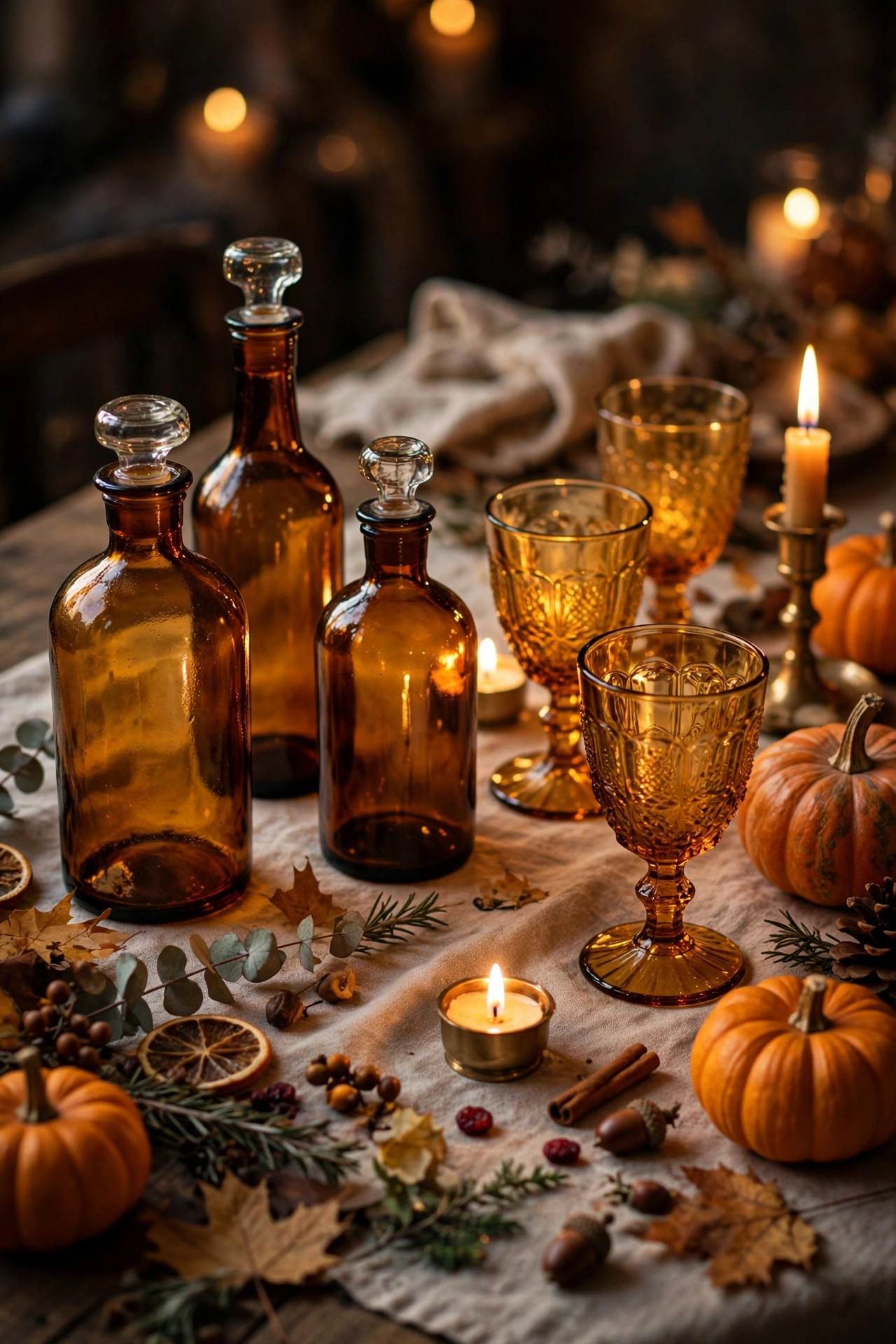 Amber glass bottles and glasses glowing in candlelight on Thanksgiving table