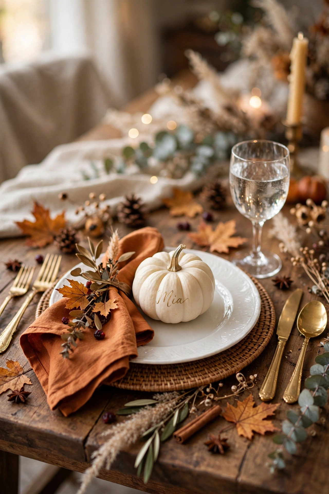 Thanksgiving place settings with mini pumpkin place cards and gold names