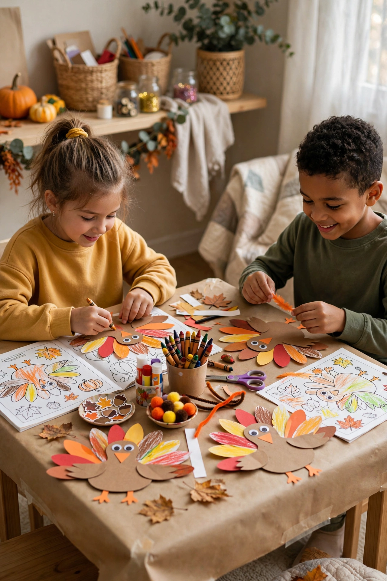 Kids Thanksgiving craft corner with paper turkeys, coloring pages and supplies