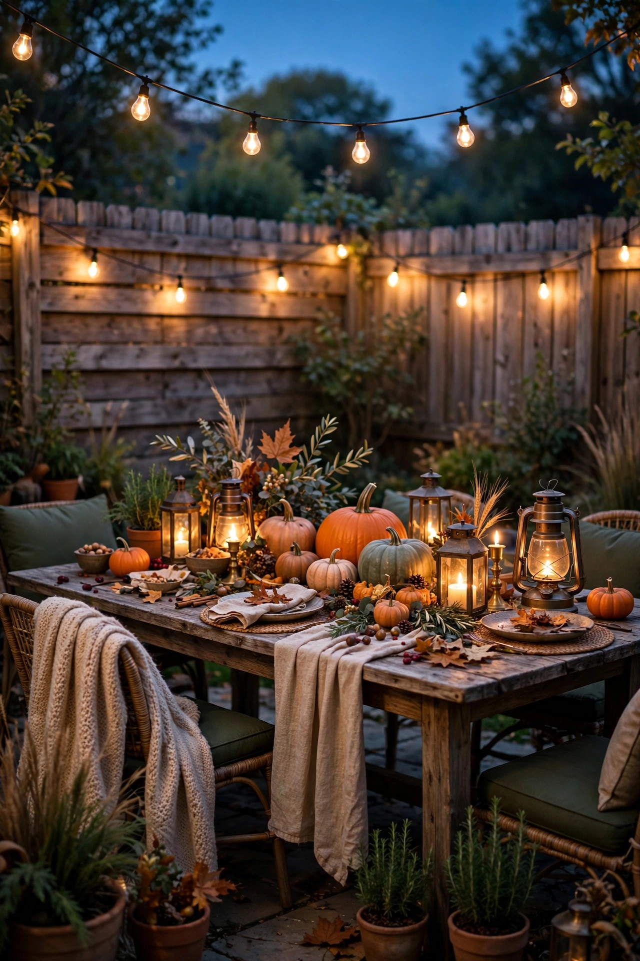 Backyard with string lights, glowing pumpkins and lanterns for Thanksgiving evening