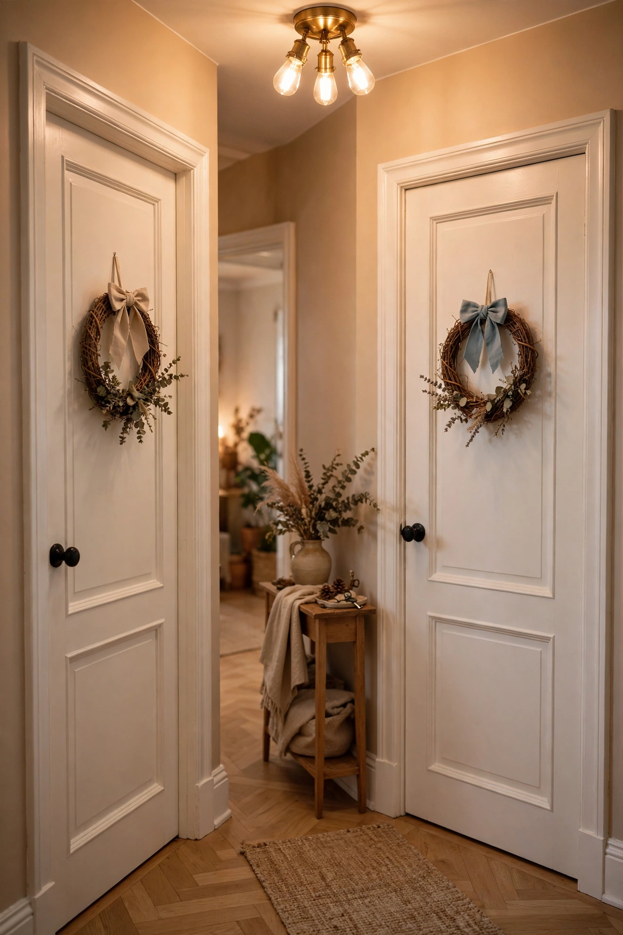 Interior doors decorated with small grapevine wreaths and bows