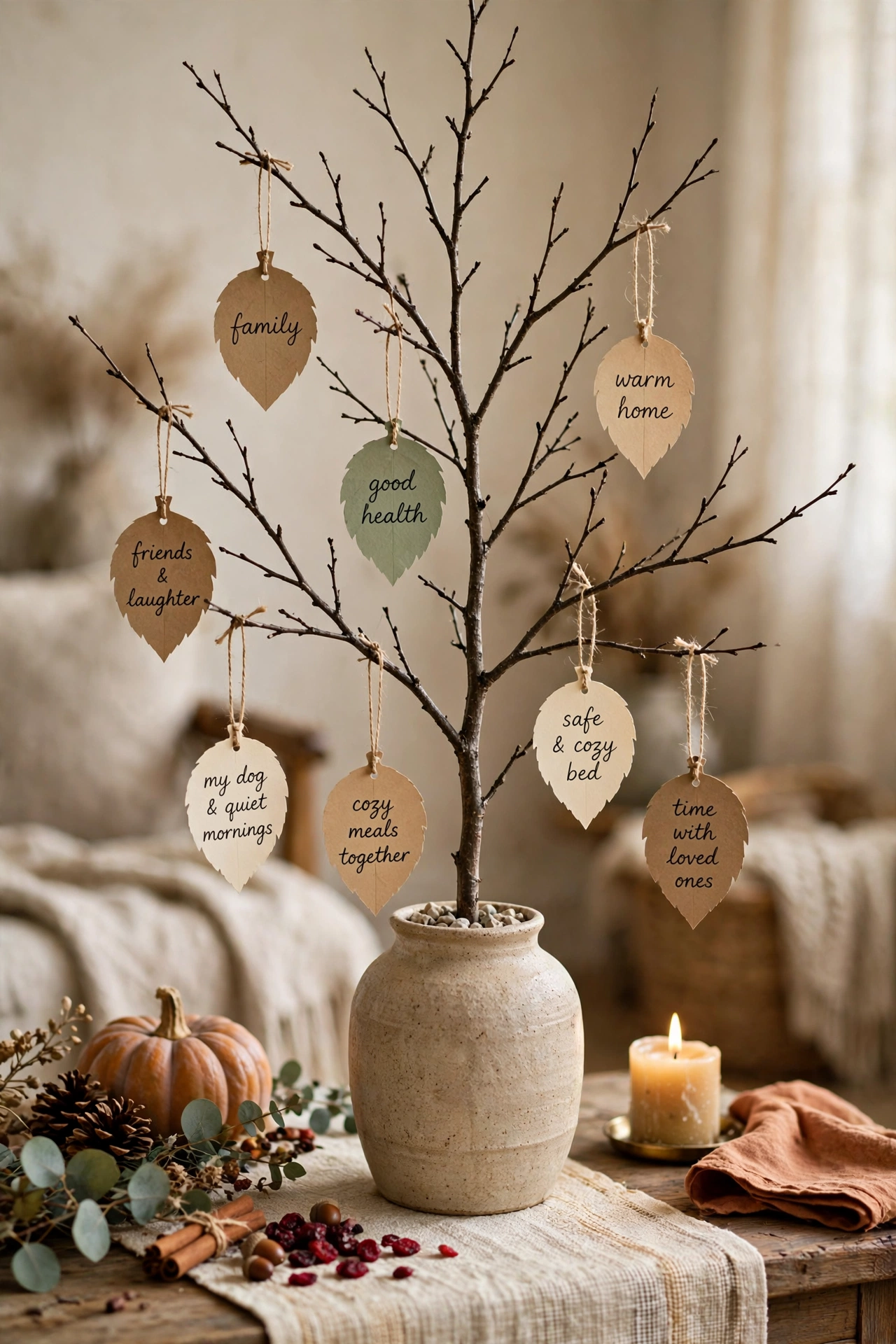 Gratitude tree with bare branches and paper leaves with handwritten notes
