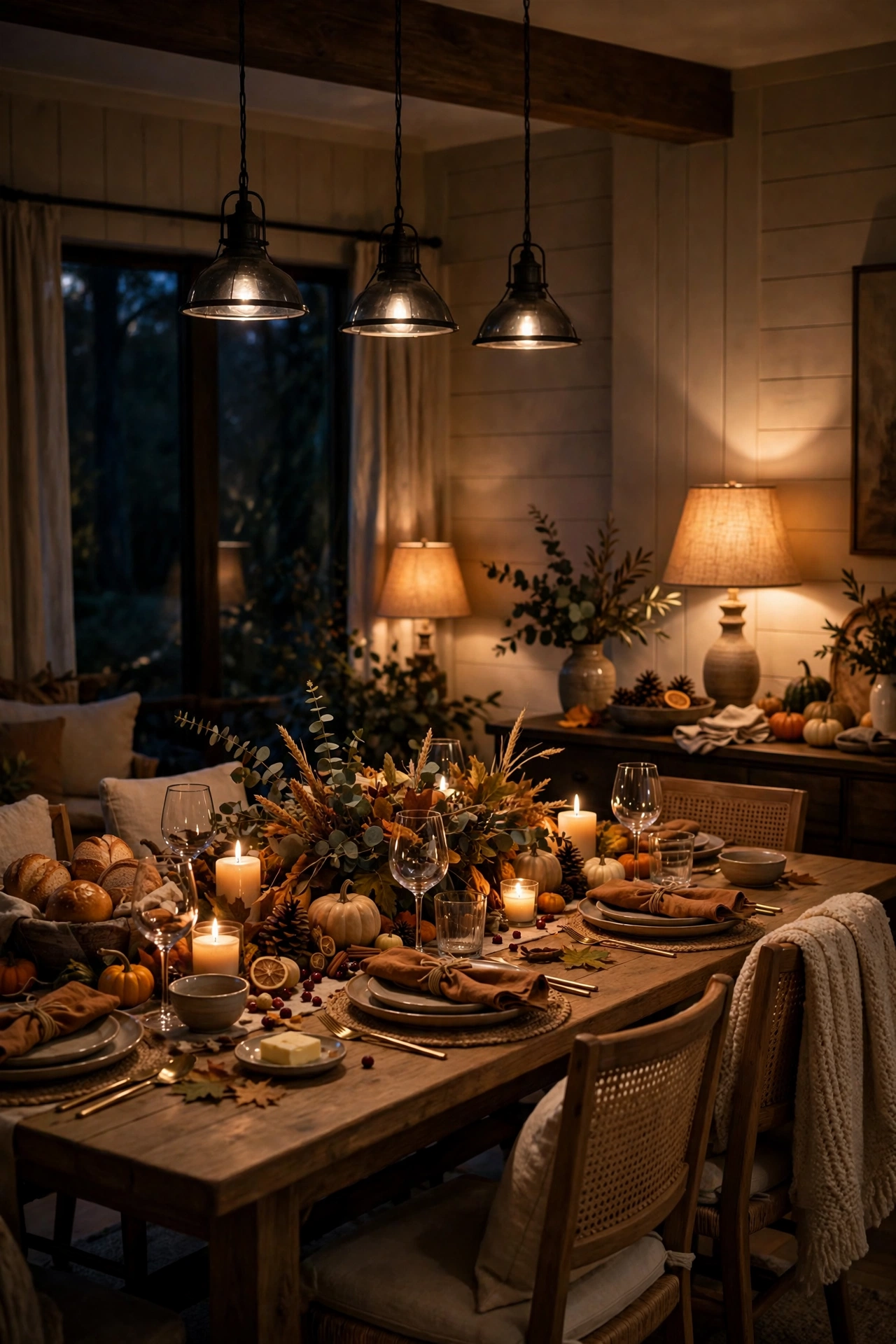Warmly lit Thanksgiving dining room with dimmed lights, candles and lamps