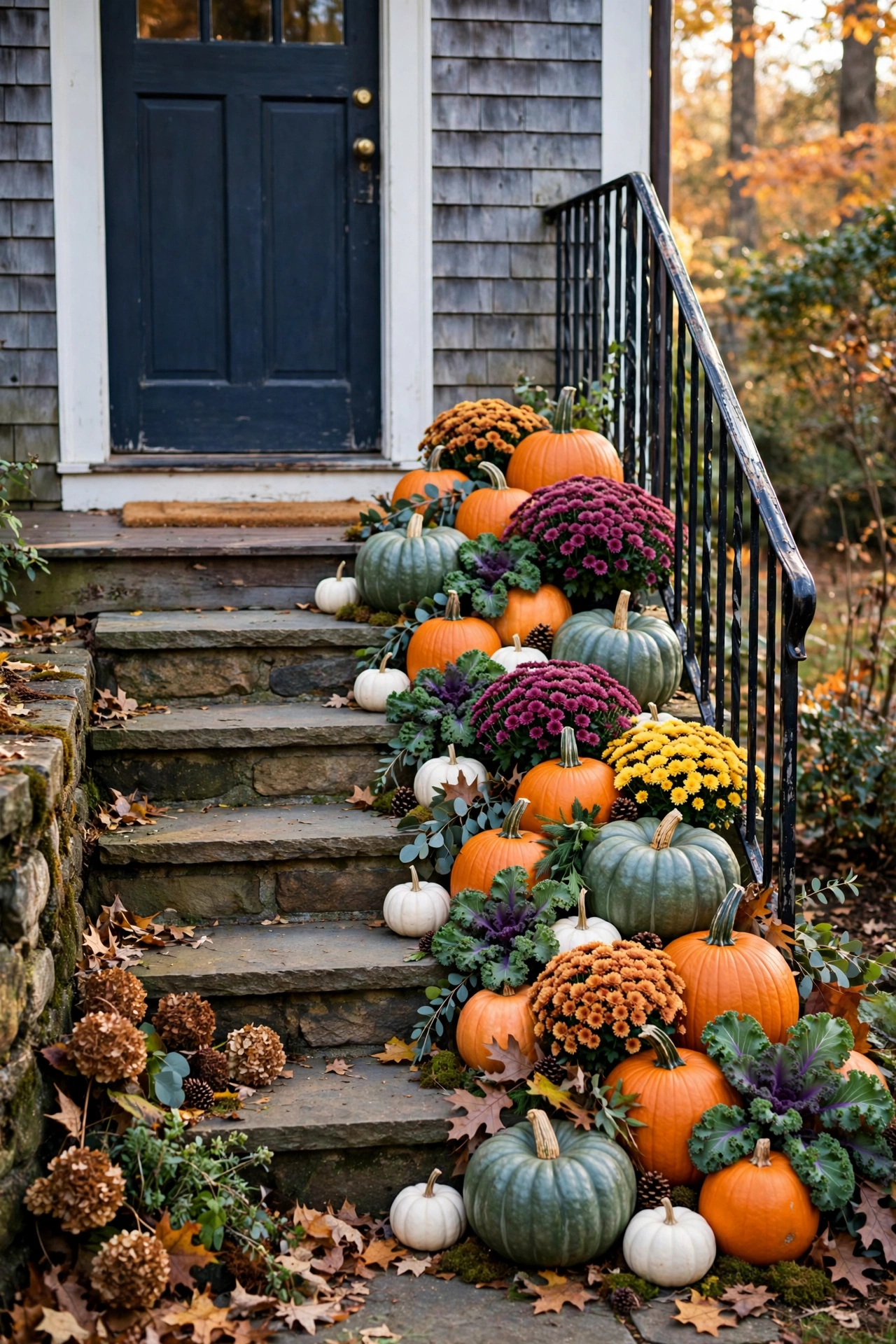 Front steps decorated with cascading pumpkins in orange, white and green with mums
