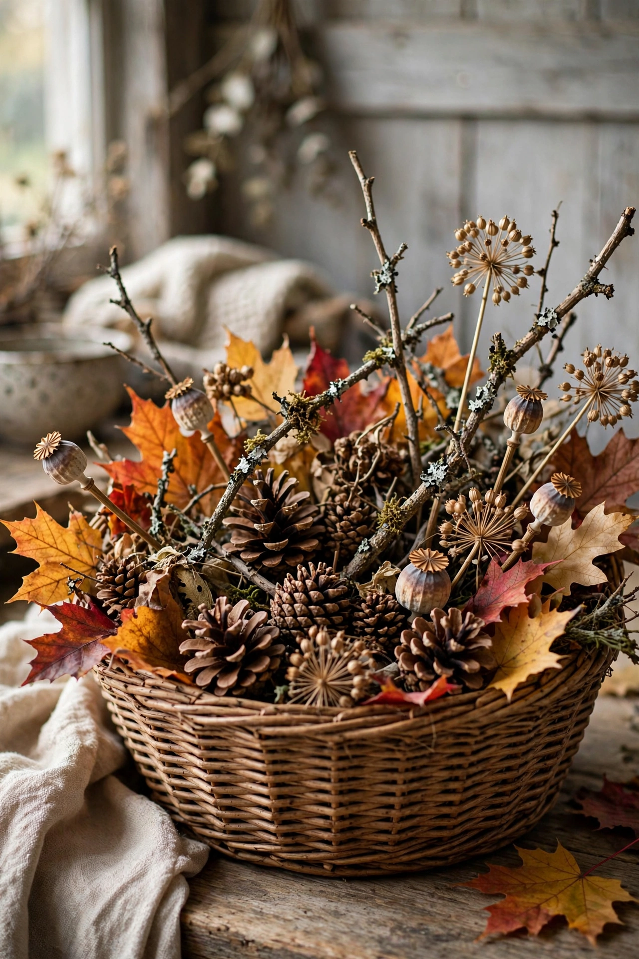 Basket of foraged pinecones, branches and fall leaves as Thanksgiving decor