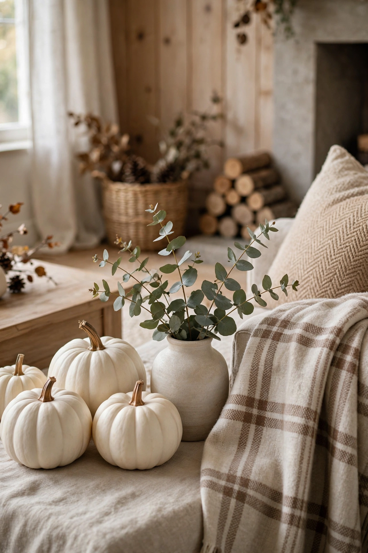 Fall home decor with white pumpkins and eucalyptus, post-Thanksgiving transition