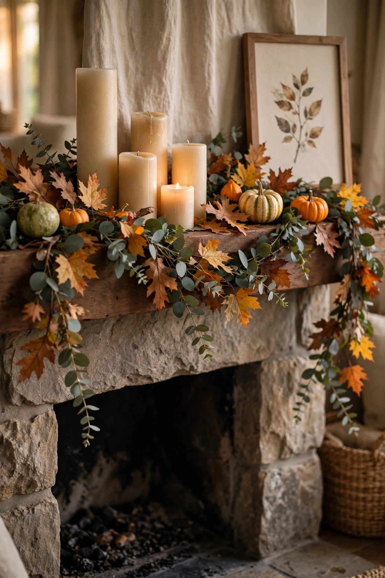 Fireplace mantel with fall garland, pillar candles, gourds and framed art