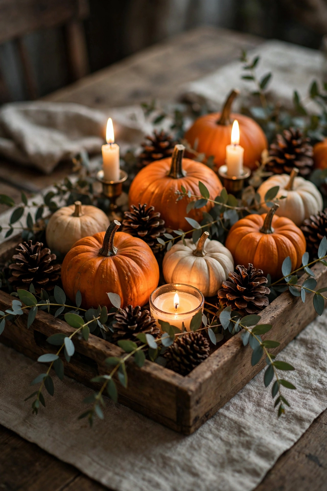 Thanksgiving table centerpiece with wooden tray, pumpkins, pinecones and eucalyptus