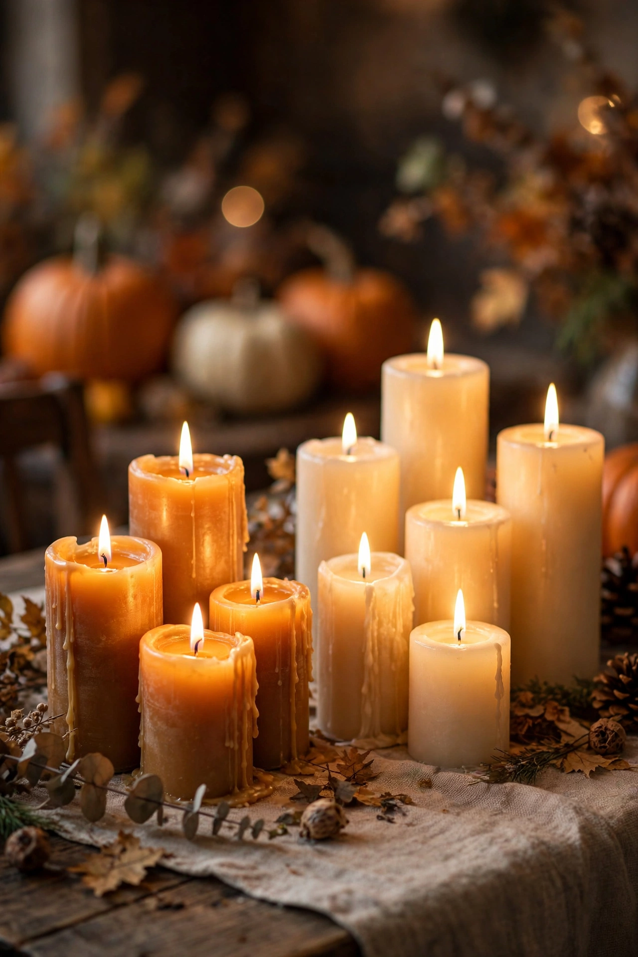 Clusters of amber and cream pillar candles glowing on Thanksgiving table