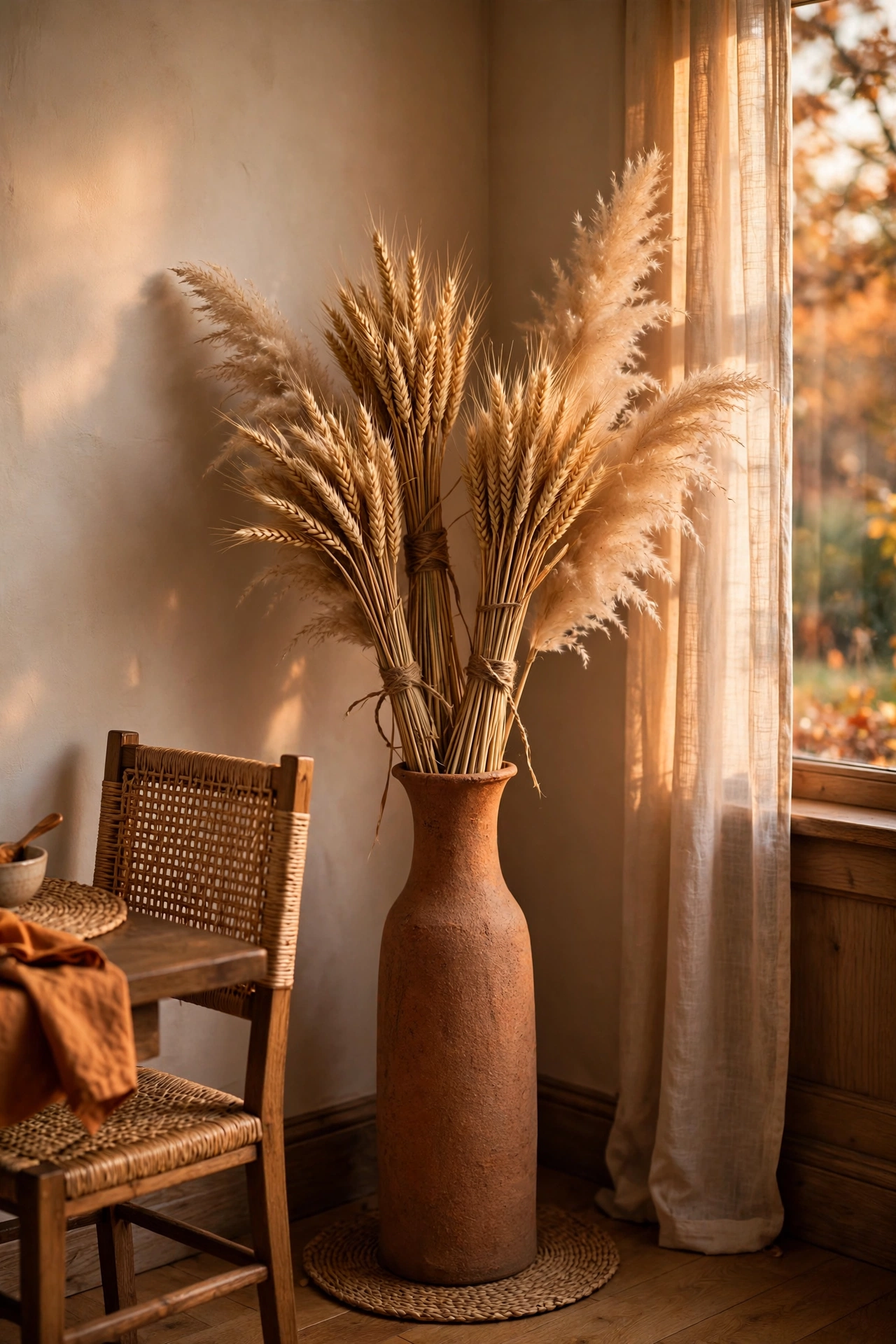 Tall vase with dried wheat bundles and pampas grass in dining room corner