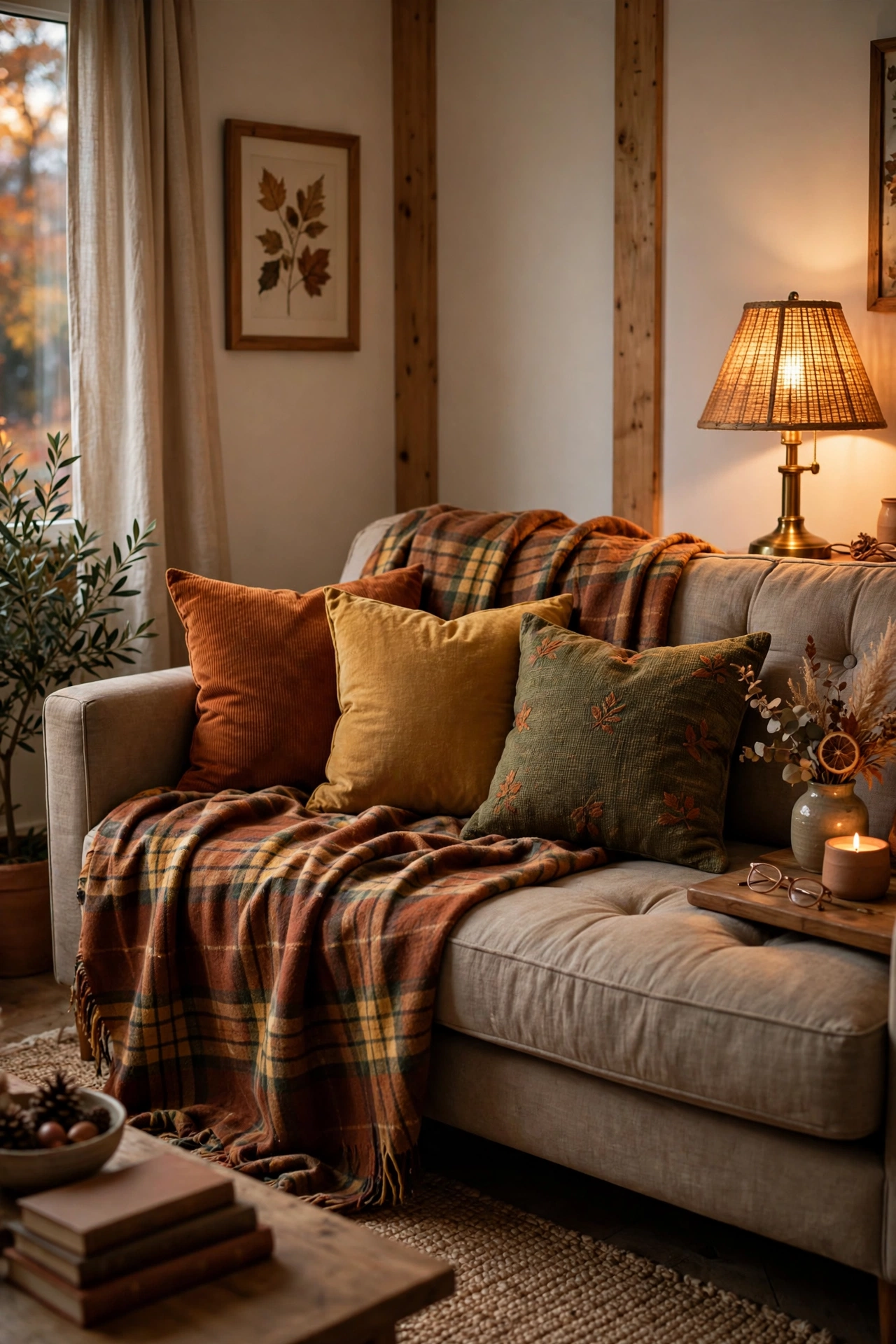 Cozy living room with plaid throw blanket on sofa, fall pillows