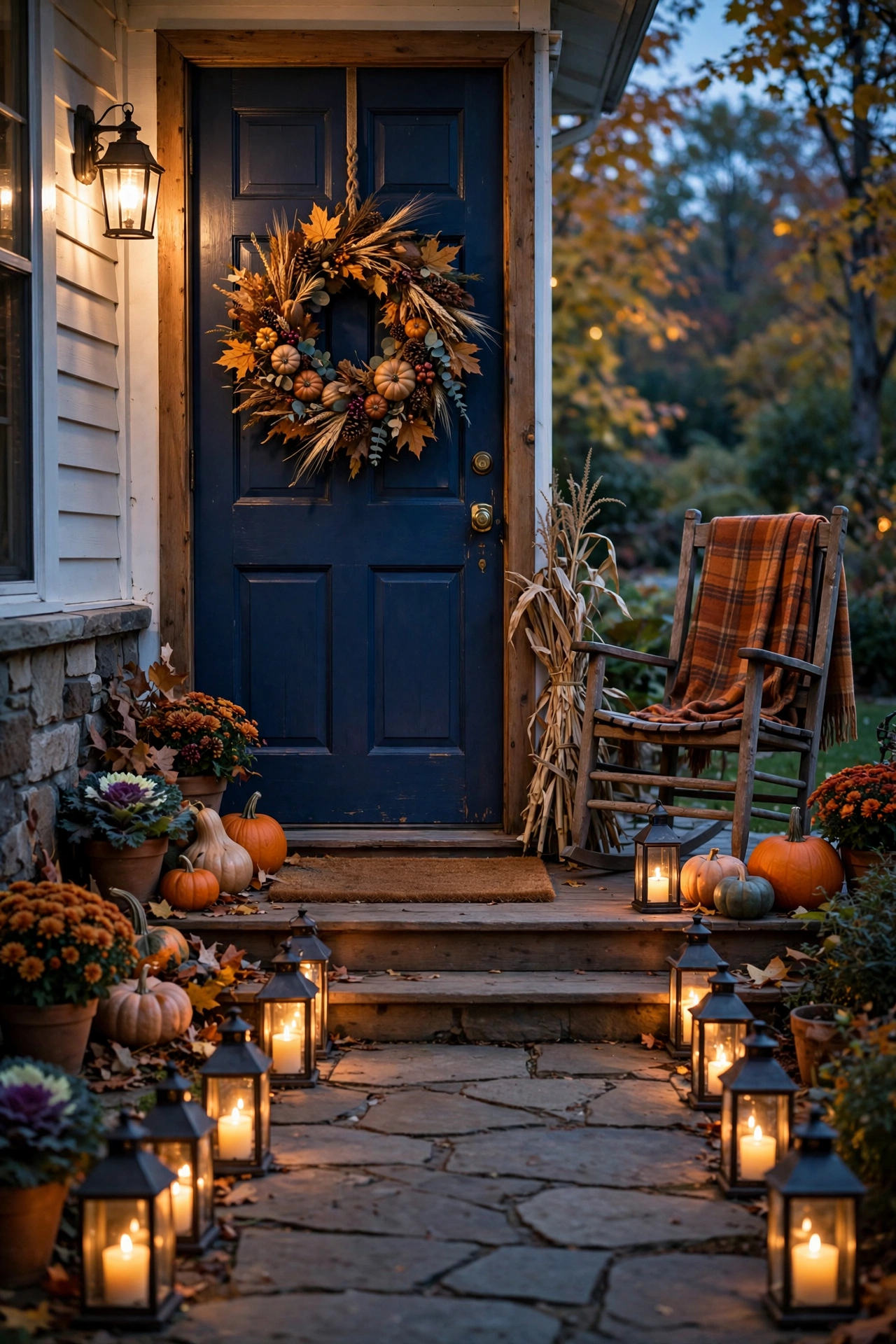 Thanksgiving front porch with glowing lanterns, harvest wreath and welcome mat