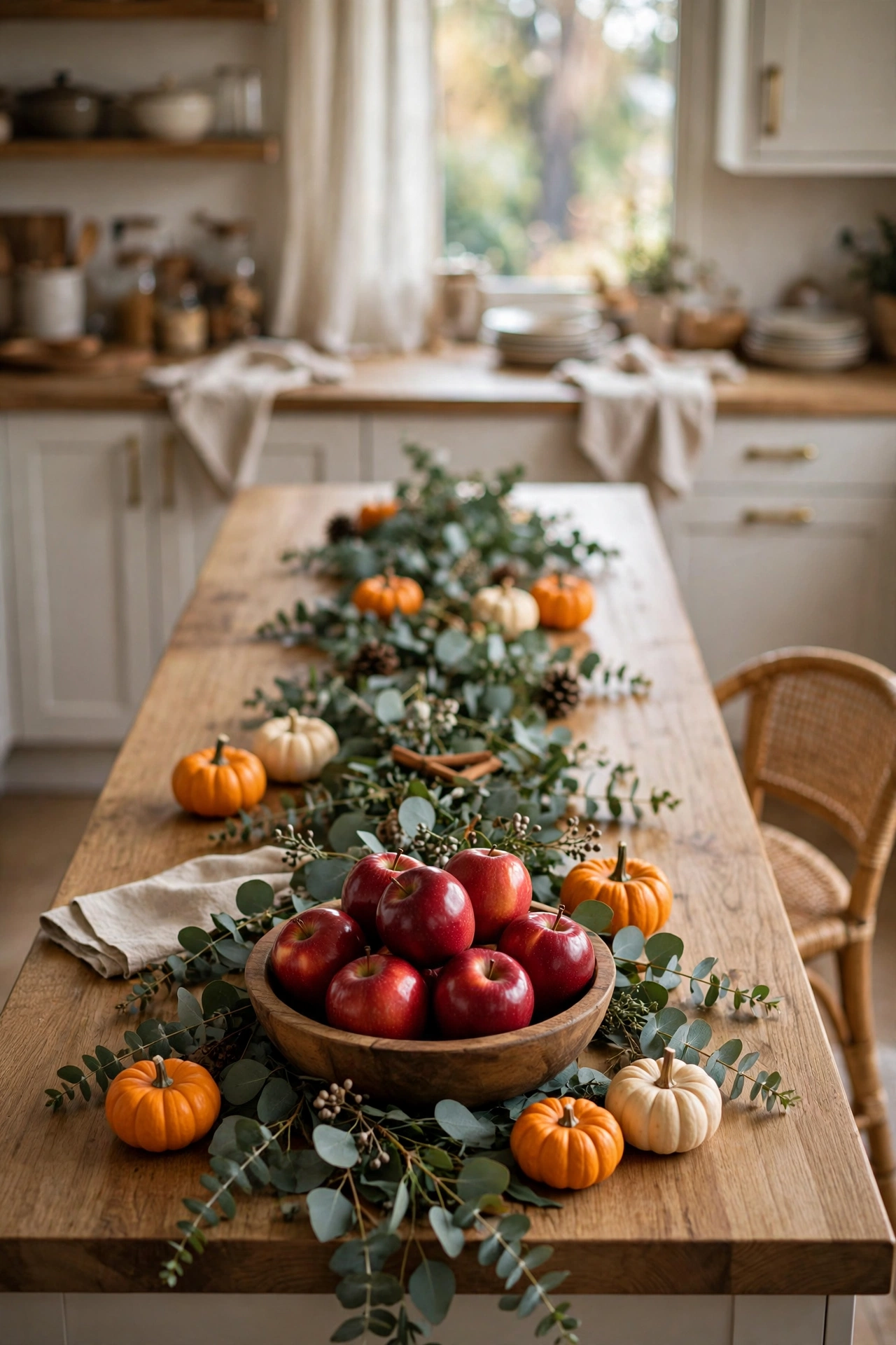 Kitchen island styled with eucalyptus runner, bowl of apples and mini pumpkins