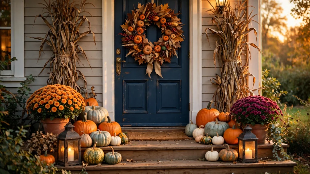 Warm Thanksgiving front porch with harvest wreath, pumpkin clusters, and glowing lanterns
