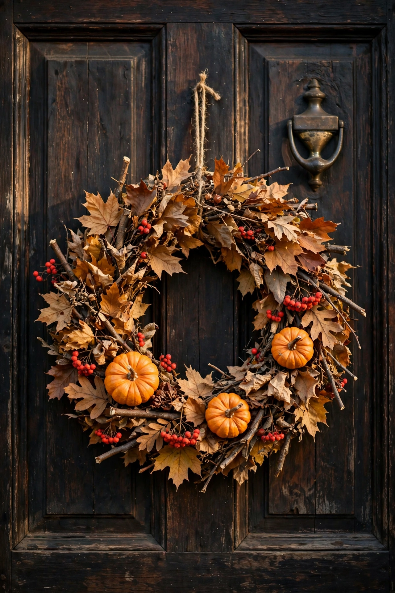 Harvest wreath with dried leaves, berries, and mini pumpkins hanging on a front door