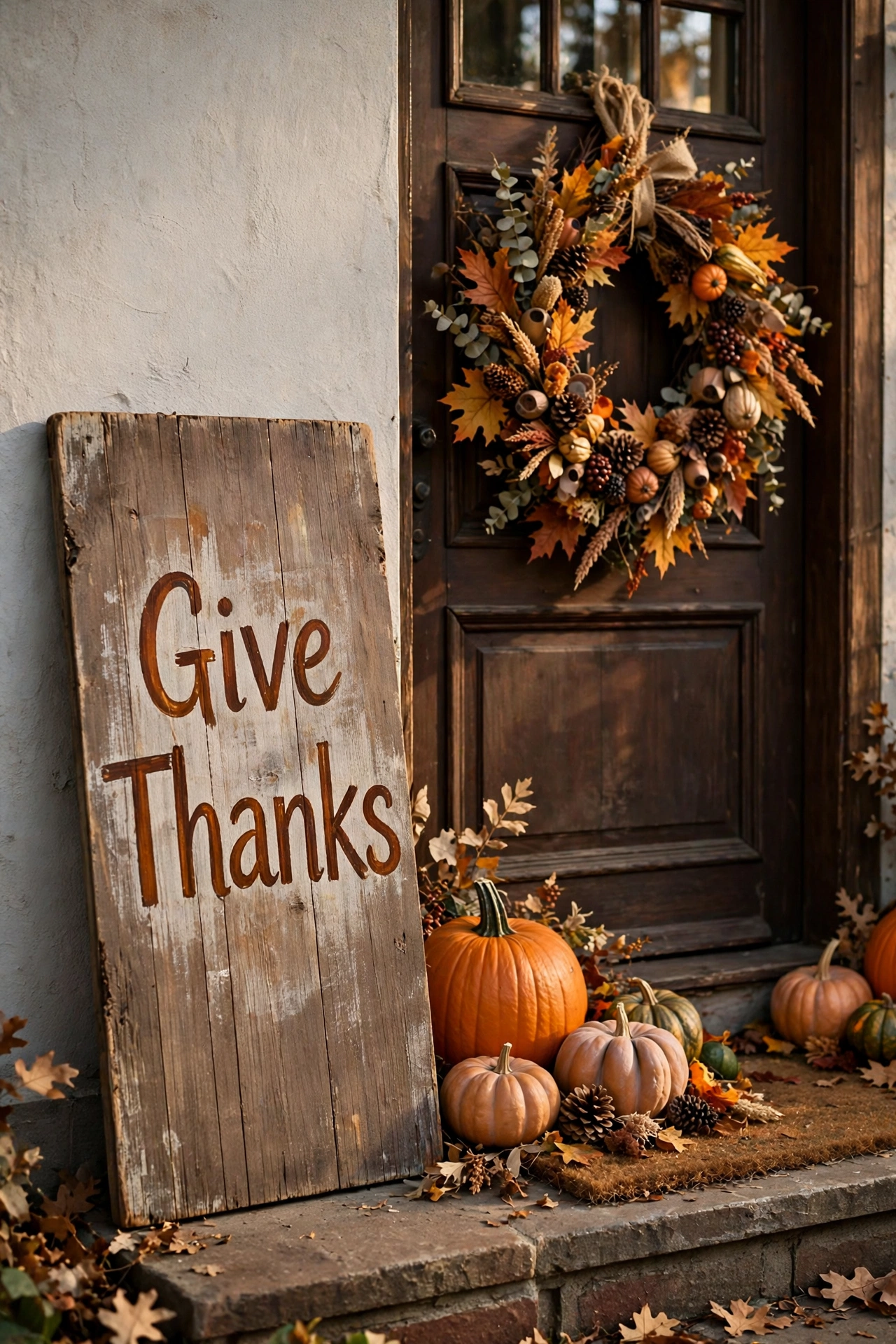 Wooden "Give Thanks" welcome sign leaning beside a decorated front door
