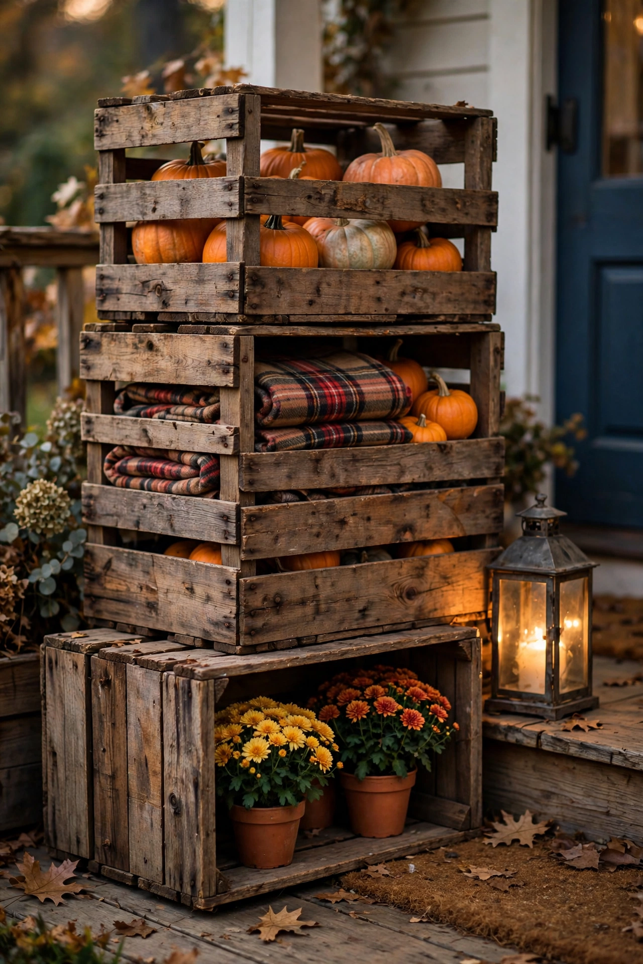 Stacked rustic wooden crates filled with pumpkins, lanterns, and mums on a porch