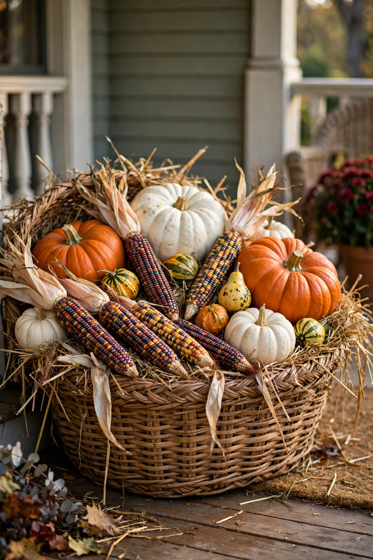 Woven basket overflowing with Indian corn, heirloom pumpkins, and gourds on a porch
