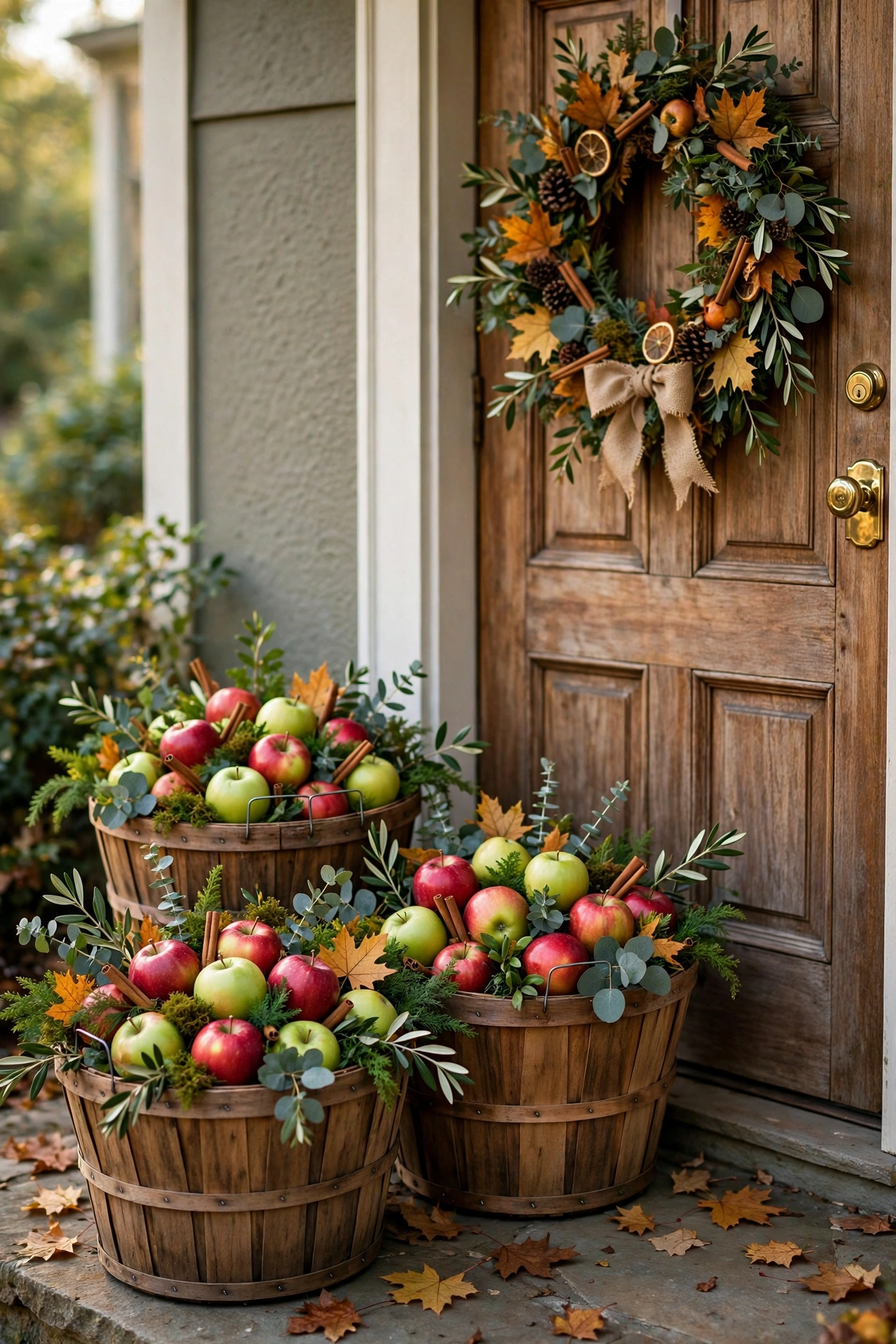 Wooden baskets filled with red and green apples beside a front door