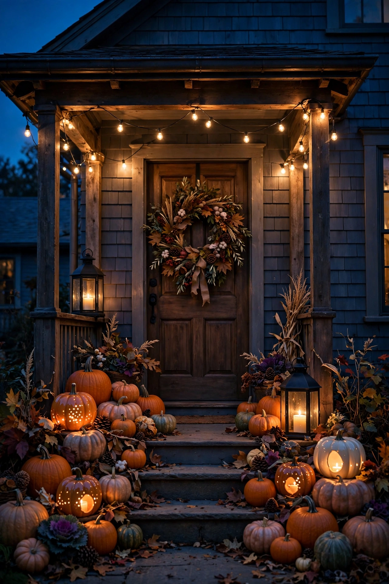 Thanksgiving front porch glowing at night with lanterns, string lights, and lit pumpkins