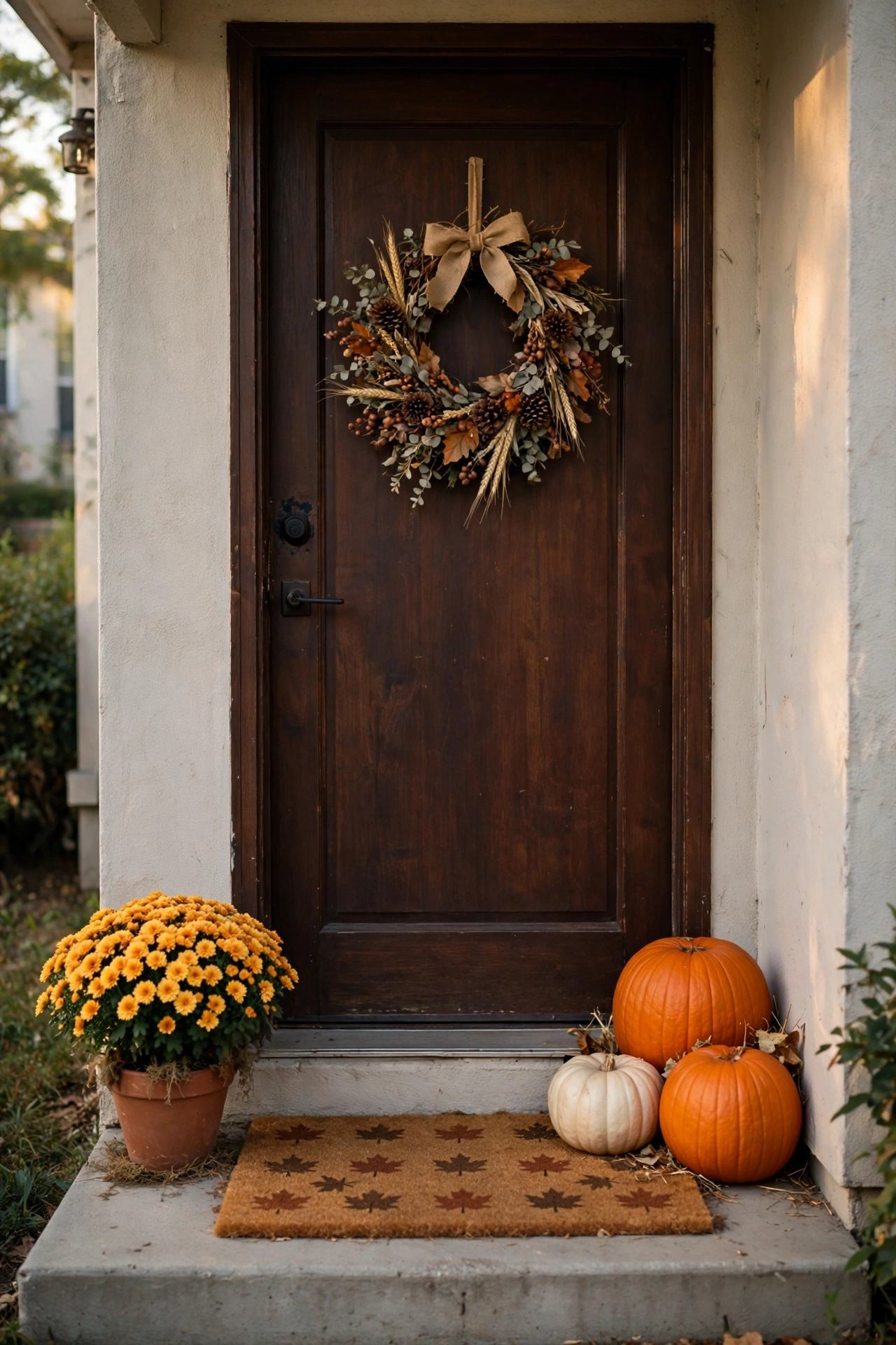 Small apartment porch entry with a wreath, three pumpkins, and a fall doormat