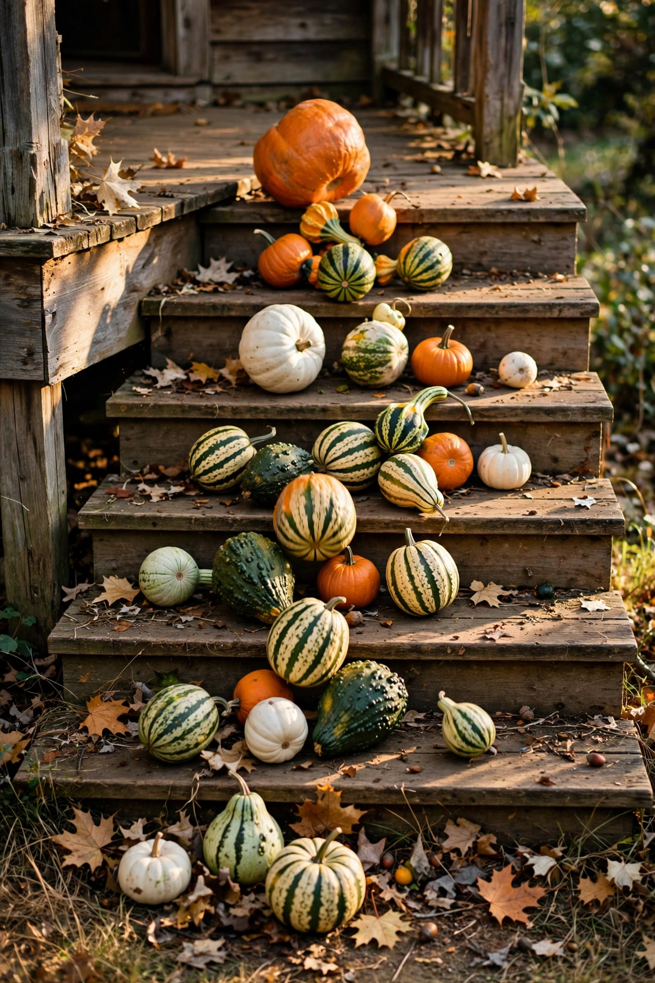 Pumpkins and gourds in various sizes and colors cascading down front porch steps
