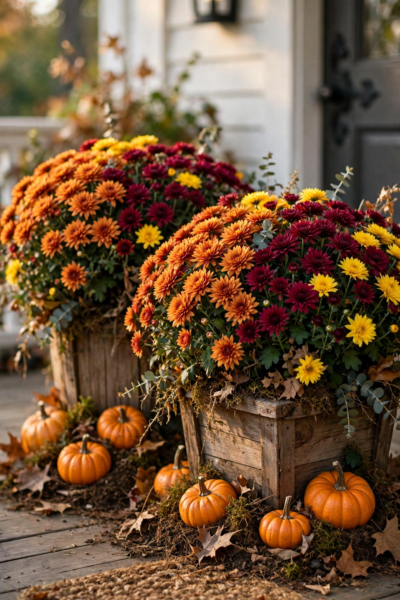 Porch planters filled with colorful fall mums and mini pumpkins