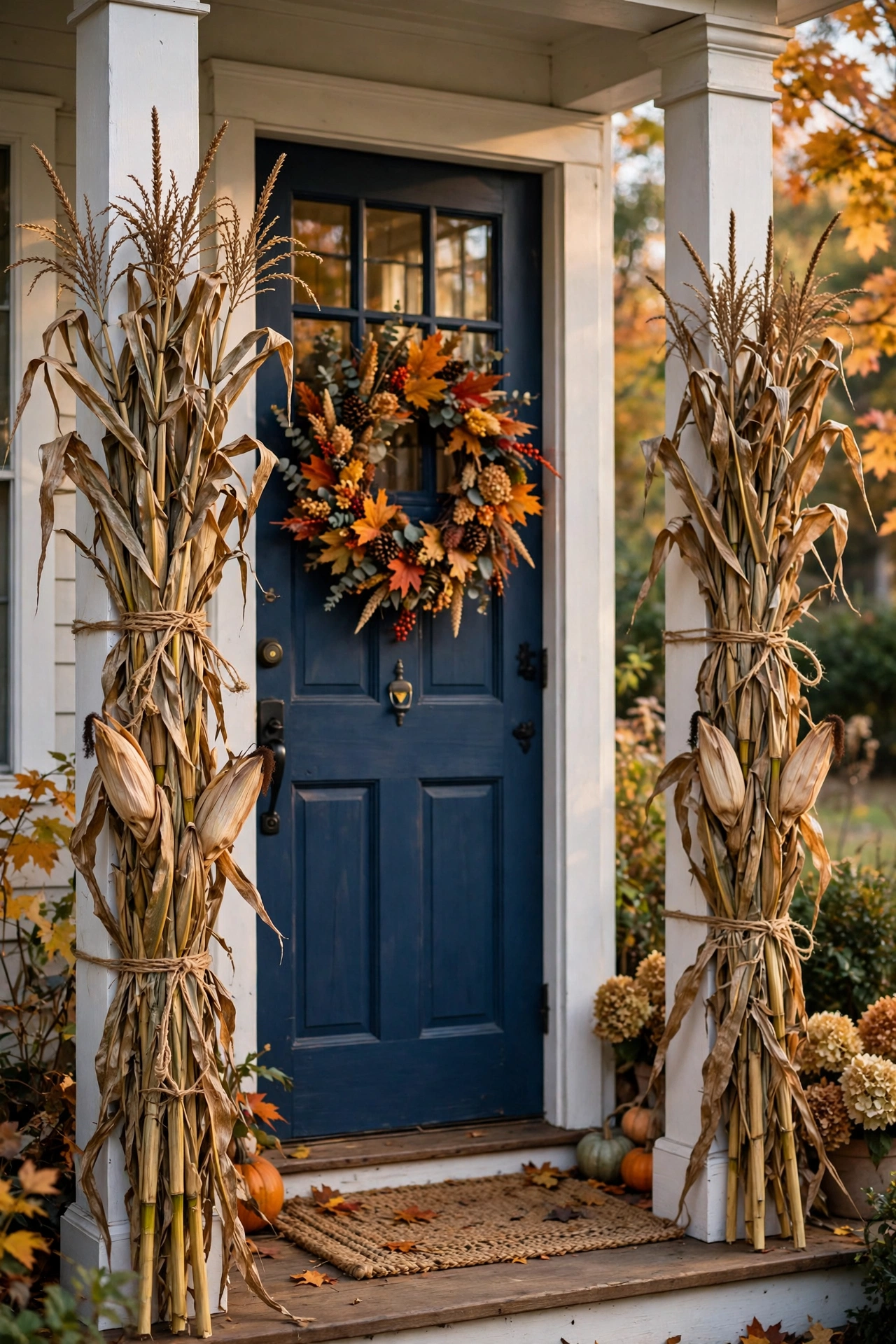 Dried corn stalks tied to porch columns flanking a front door