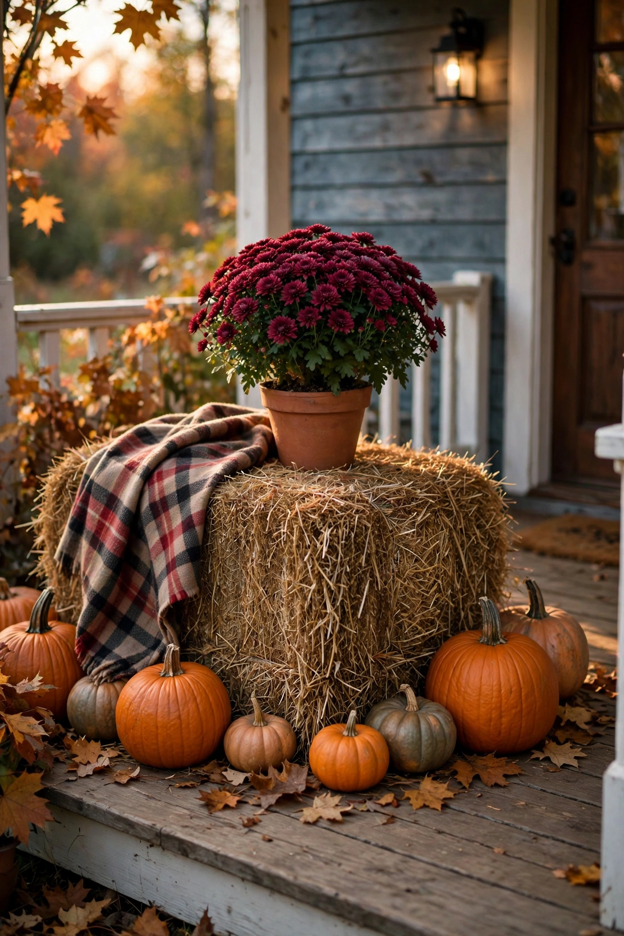 Hay bale decorated with pumpkins, mums, and a plaid throw on a front porch