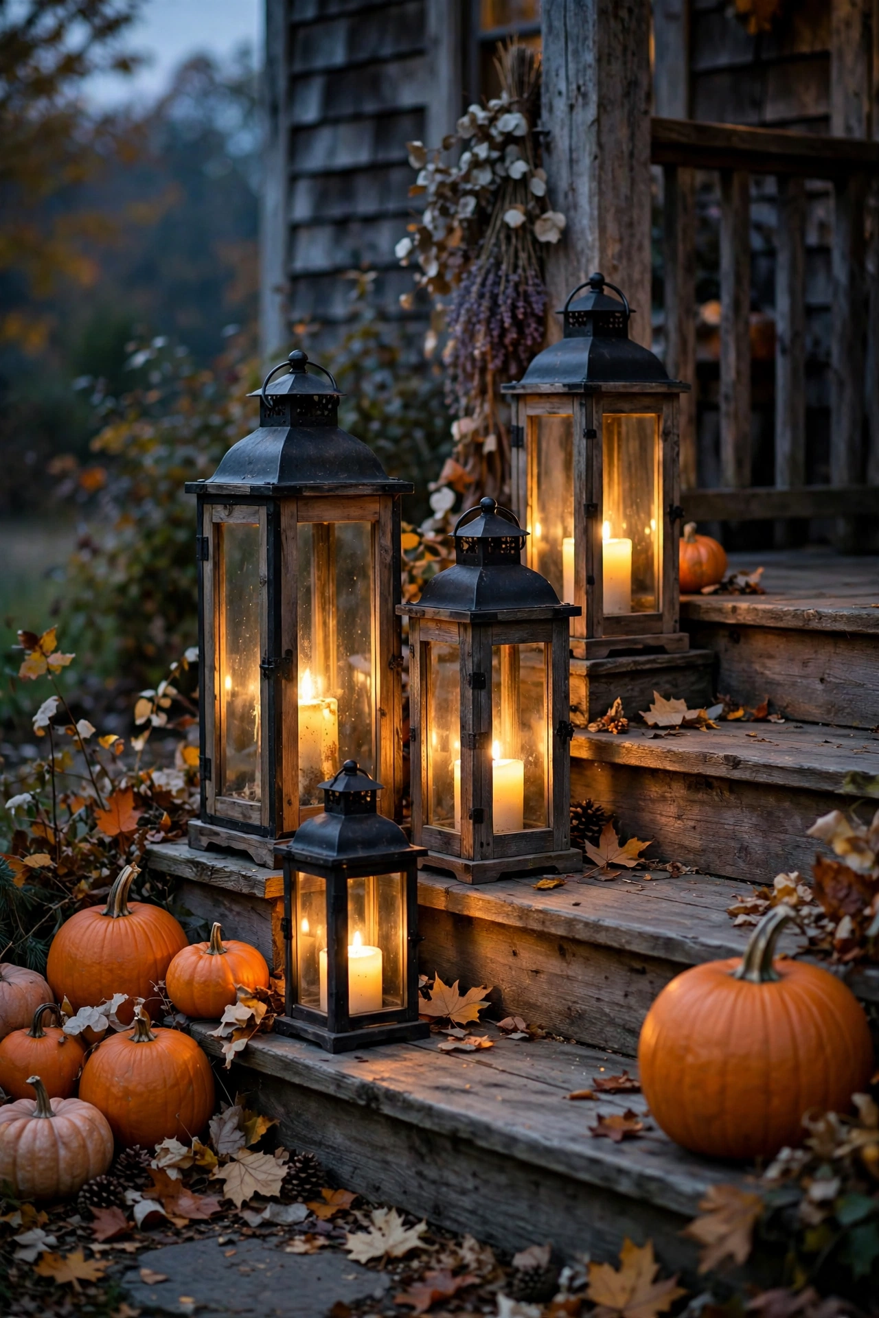 Rustic lanterns with glowing candles lining front porch steps at dusk