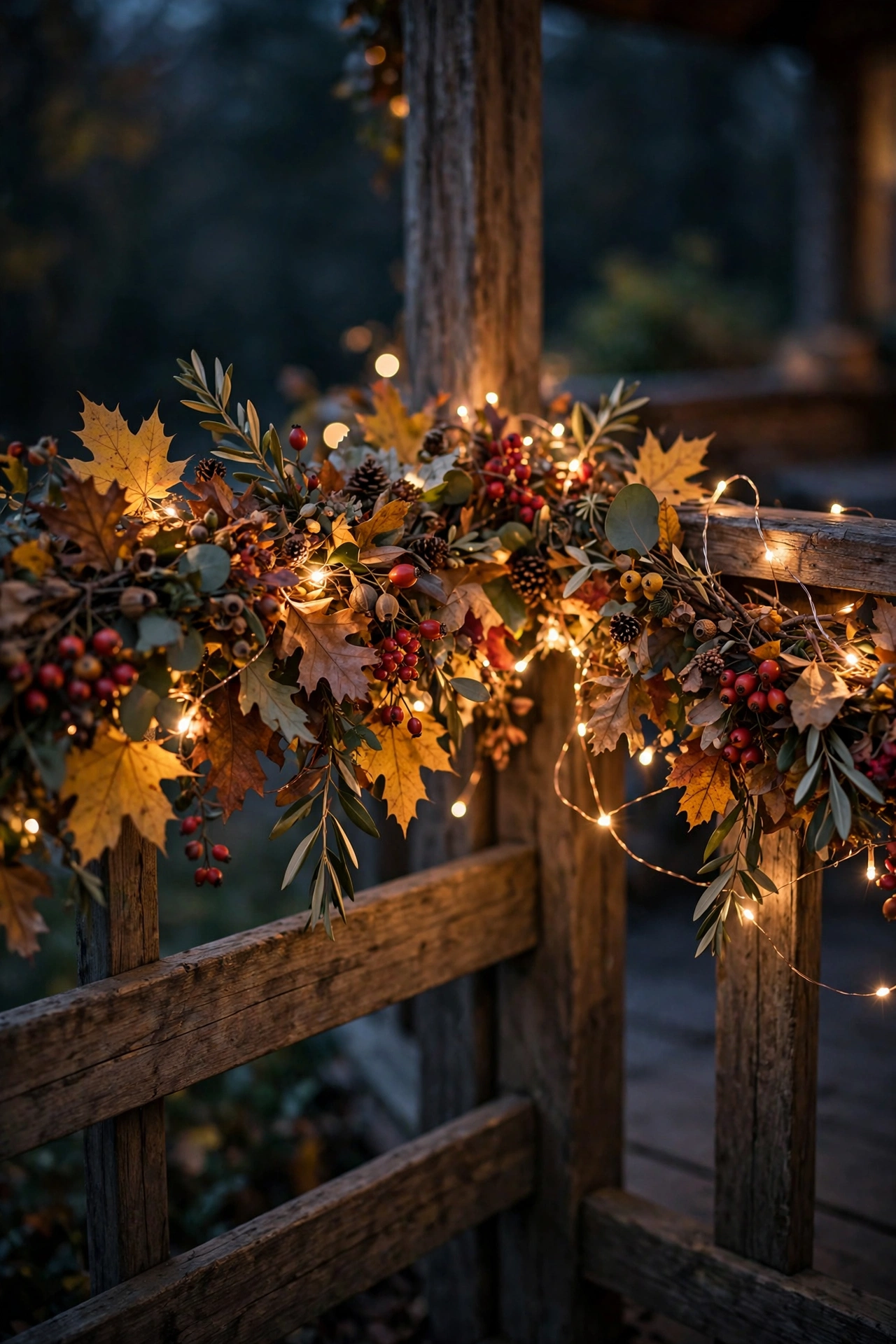 Warm fairy lights woven through fall garland on a porch railing