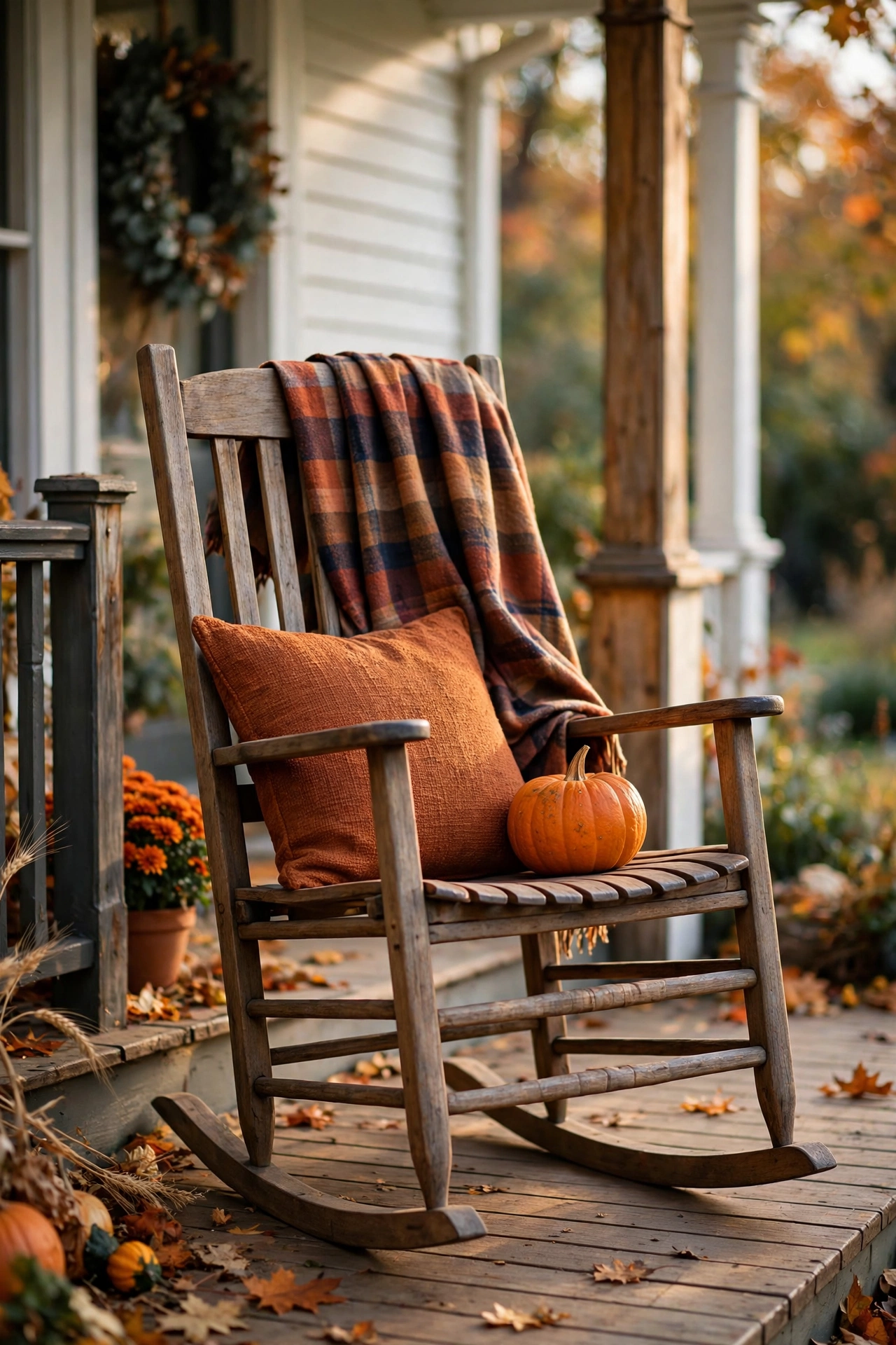 Rocking chair on a front porch styled with a plaid throw, pillow, and pumpkin