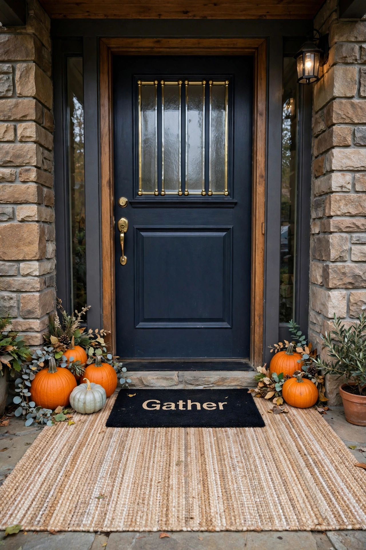 Layered rugs with a "Gather" doormat on top at a front door