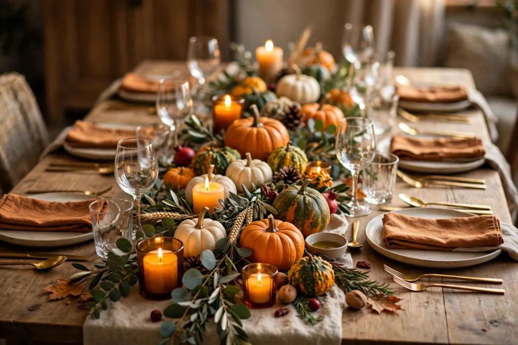 Warm Thanksgiving dining table with harvest centerpiece, glowing candles, and autumn place settings