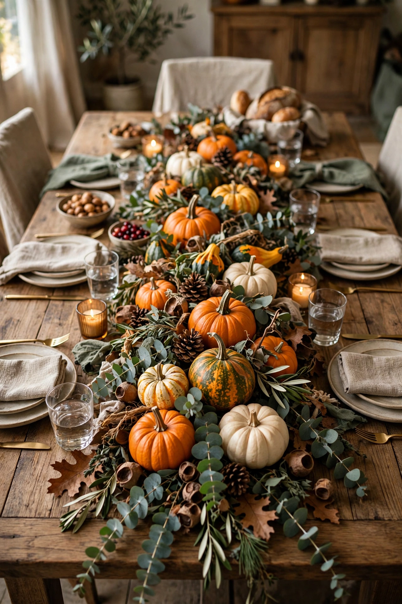 Thanksgiving dining table with an overflowing harvest runner of pumpkins, gourds, eucalyptus, and pinecones