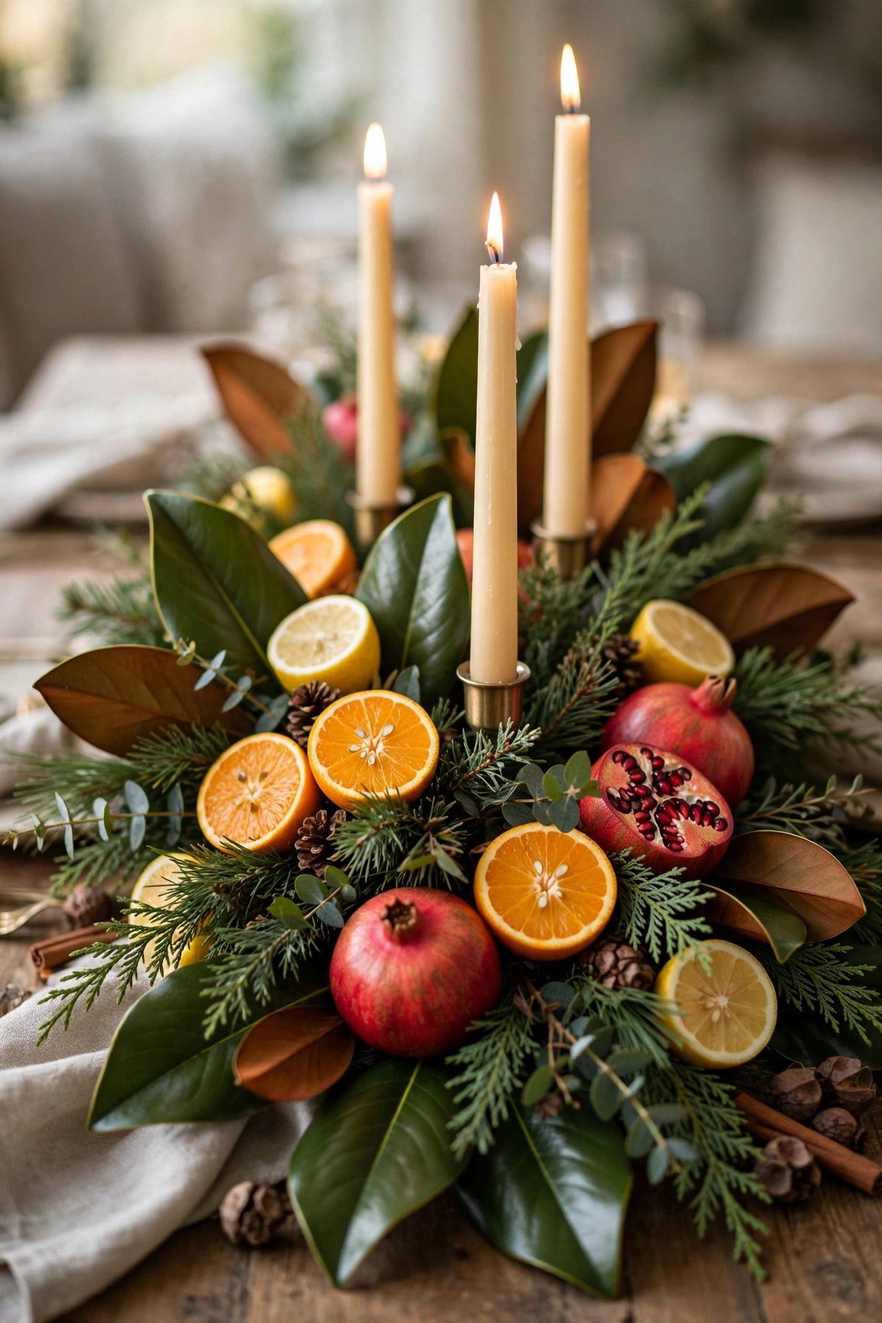 Thanksgiving centerpiece of magnolia leaves with citrus fruits, pomegranates, and tall tapers