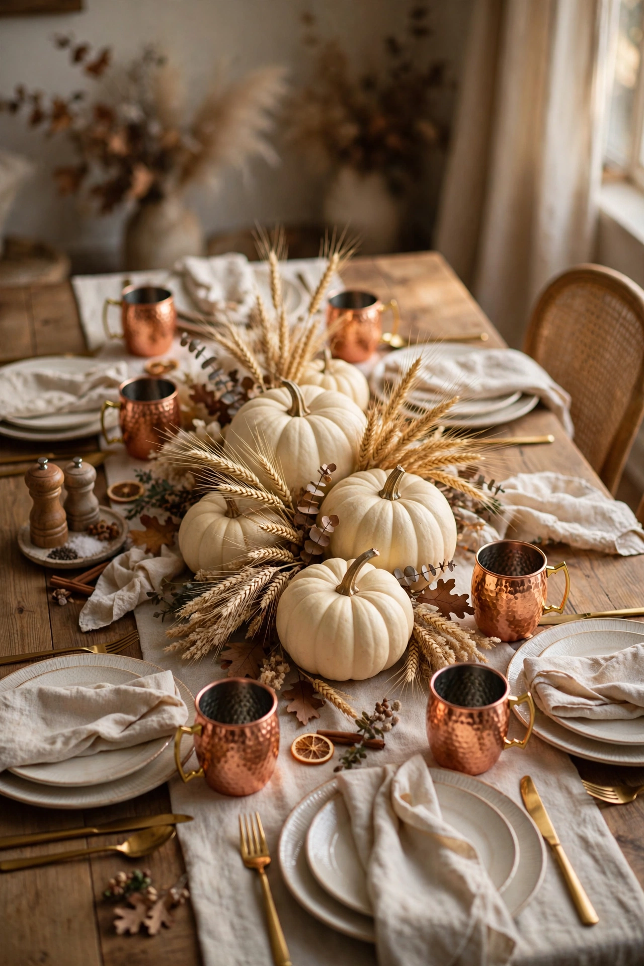 Thanksgiving table with copper mugs at each setting and creamy white pumpkins with wheat