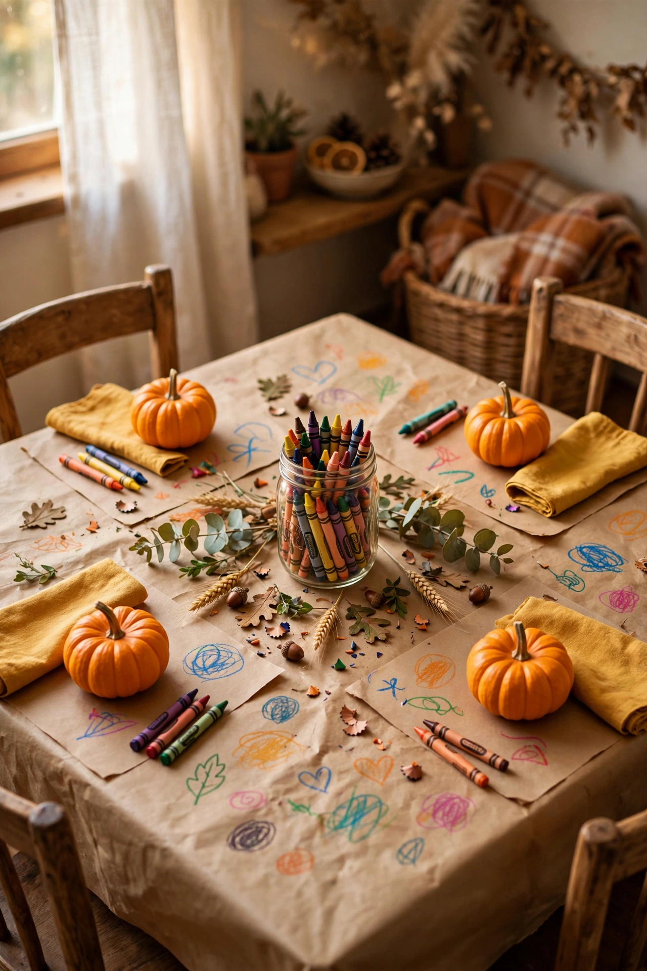 Kids Thanksgiving table with kraft paper tablecloth, crayons, and mini pumpkins at each seat