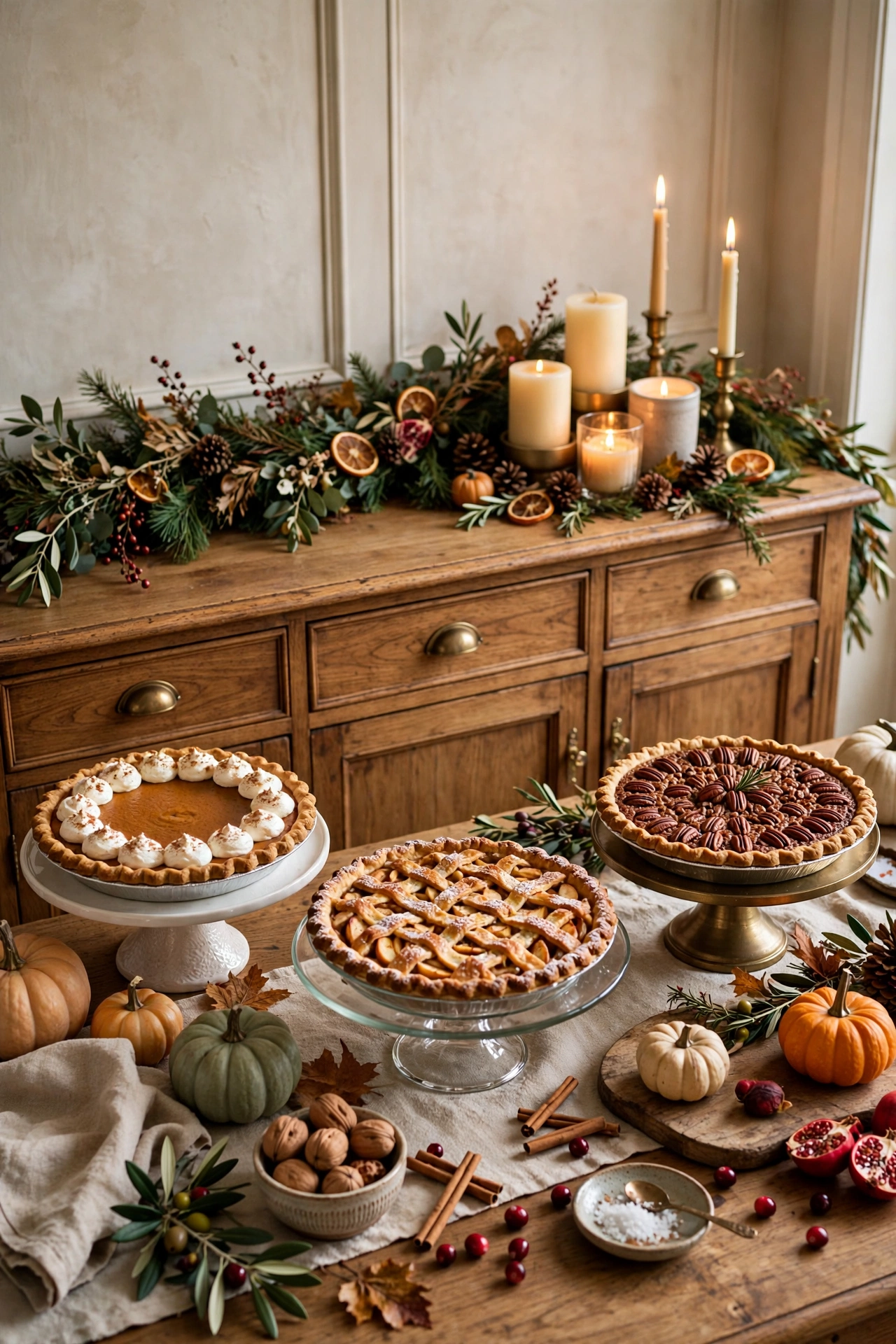Thanksgiving sideboard styled with garland, candles, and pies on cake stands